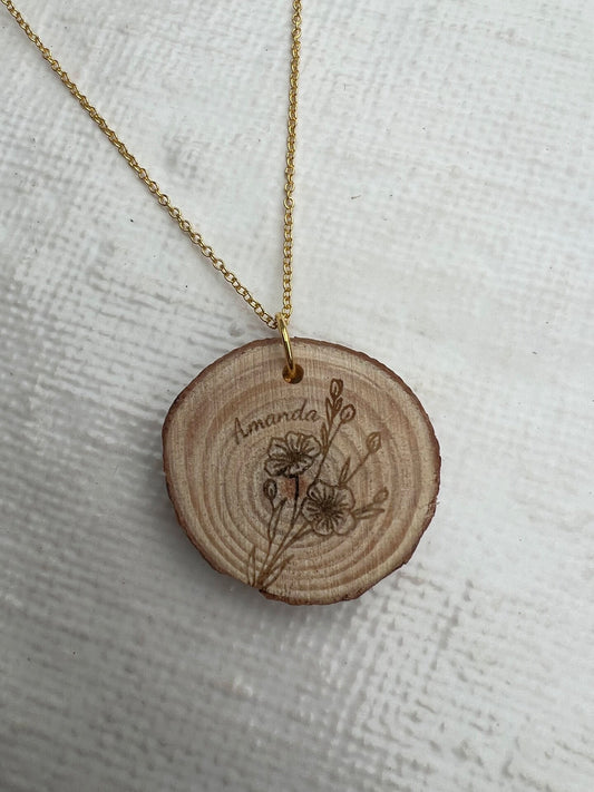 Engraved Wood Necklace Birth Flower Round Disc Circle Rustic Pendant Gold Silver Personalized Custom Raw Edge