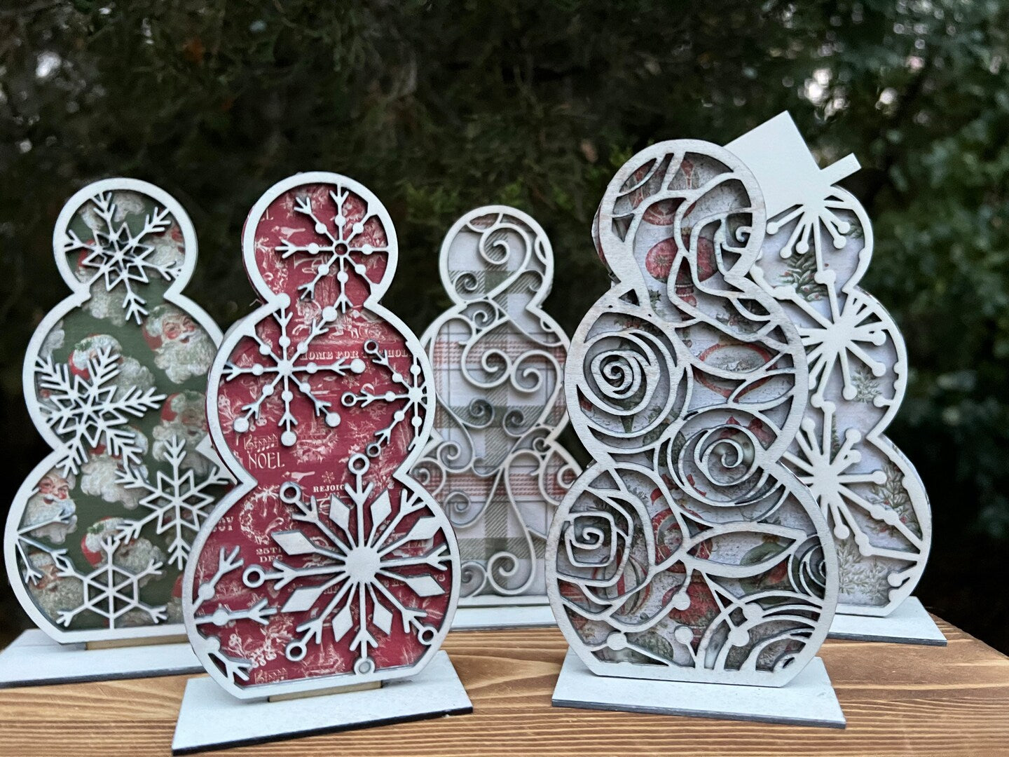 Wood Snowman Set Boho Floral Snowflake Handmade Custom Christmas Holiday Snow Winter Decor Handmade