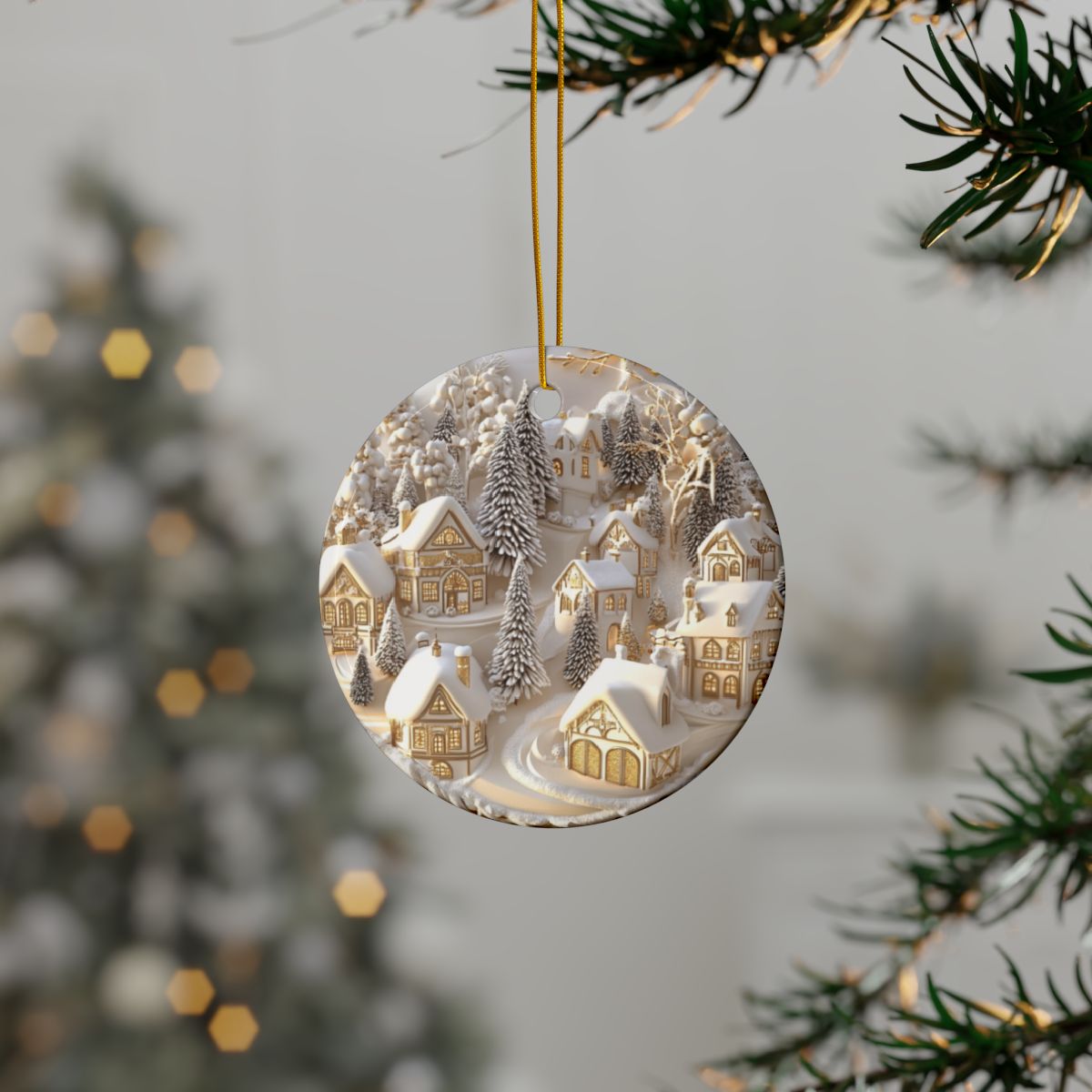 Ceramic Christmas Circle Ornaments 3D Effect Gold White Round Personalized Holiday Santa Snowman Tree Angel Reindeer Village