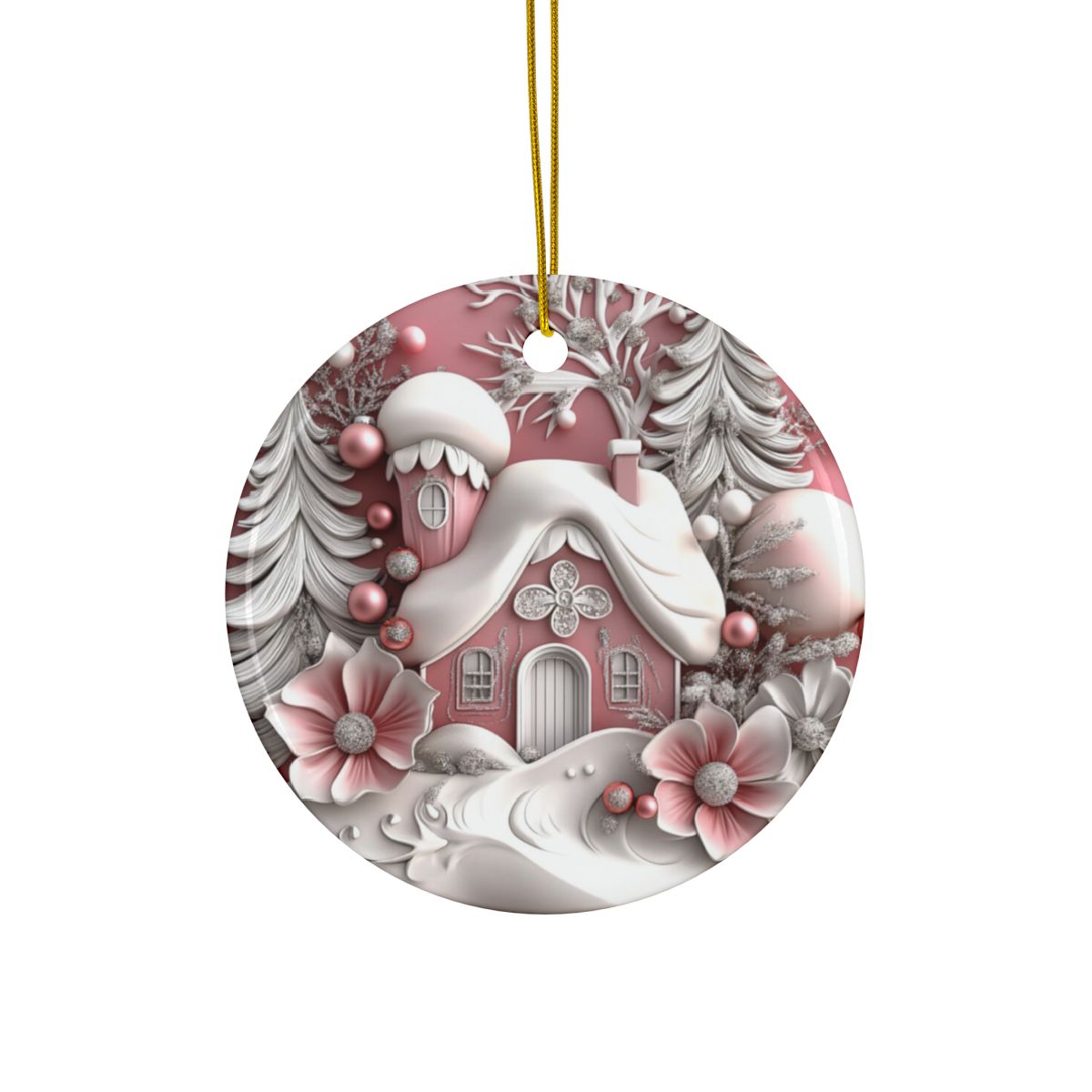 Ceramic Christmas Circle Ornaments 3D Effect Cute Pink Pastel Round Personalized Holiday Santa Snowman Tree Angel Reindeer Village