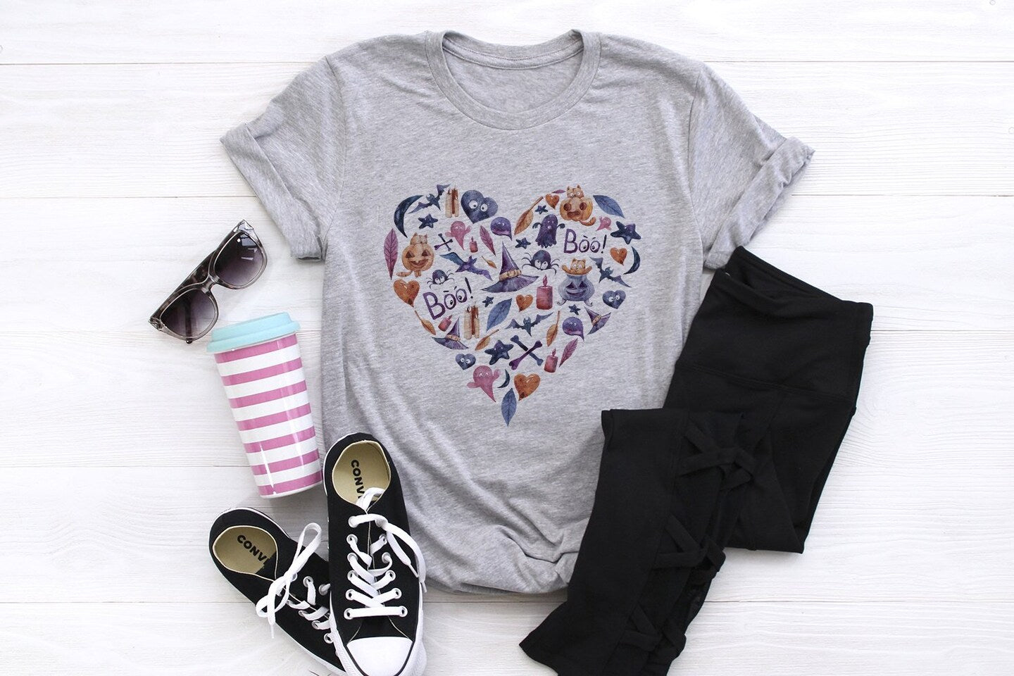 Halloween Fall Autumn Witch Leaves Pumpkin Heart Ghost Boo Watercolor Comfort Crew Neck T-Shirt