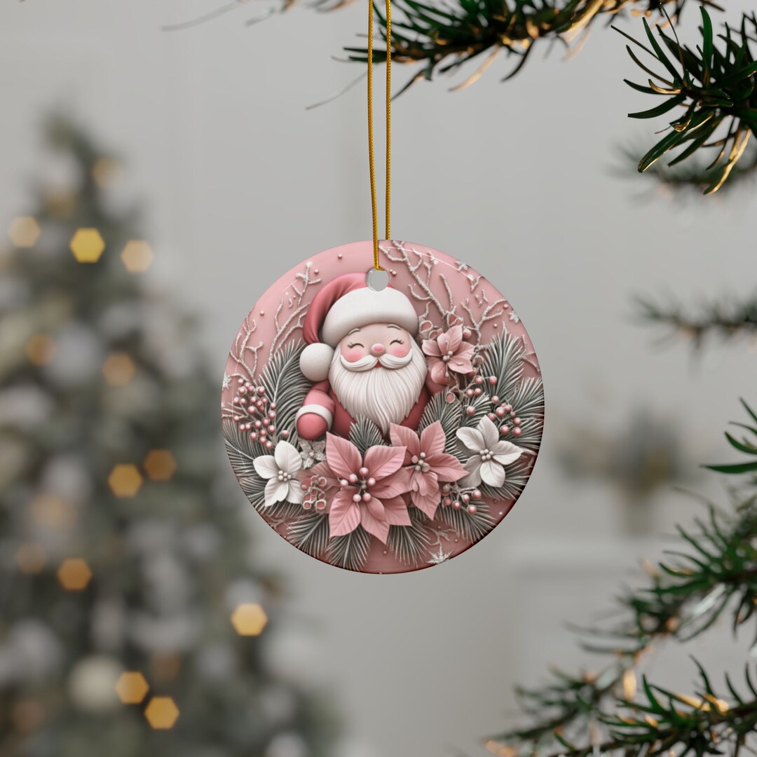 Ceramic Christmas Circle Ornaments 3D Effect Cute Pink Pastel Round Personalized Holiday Santa Snowman Tree Angel Reindeer Village