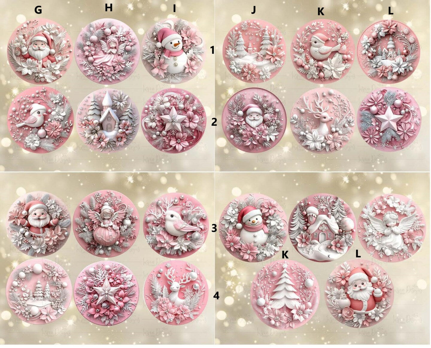 Ceramic Christmas Circle Ornaments 3D Effect Cute Pink Pastel Round Personalized Holiday Santa Snowman Tree Angel Reindeer Village