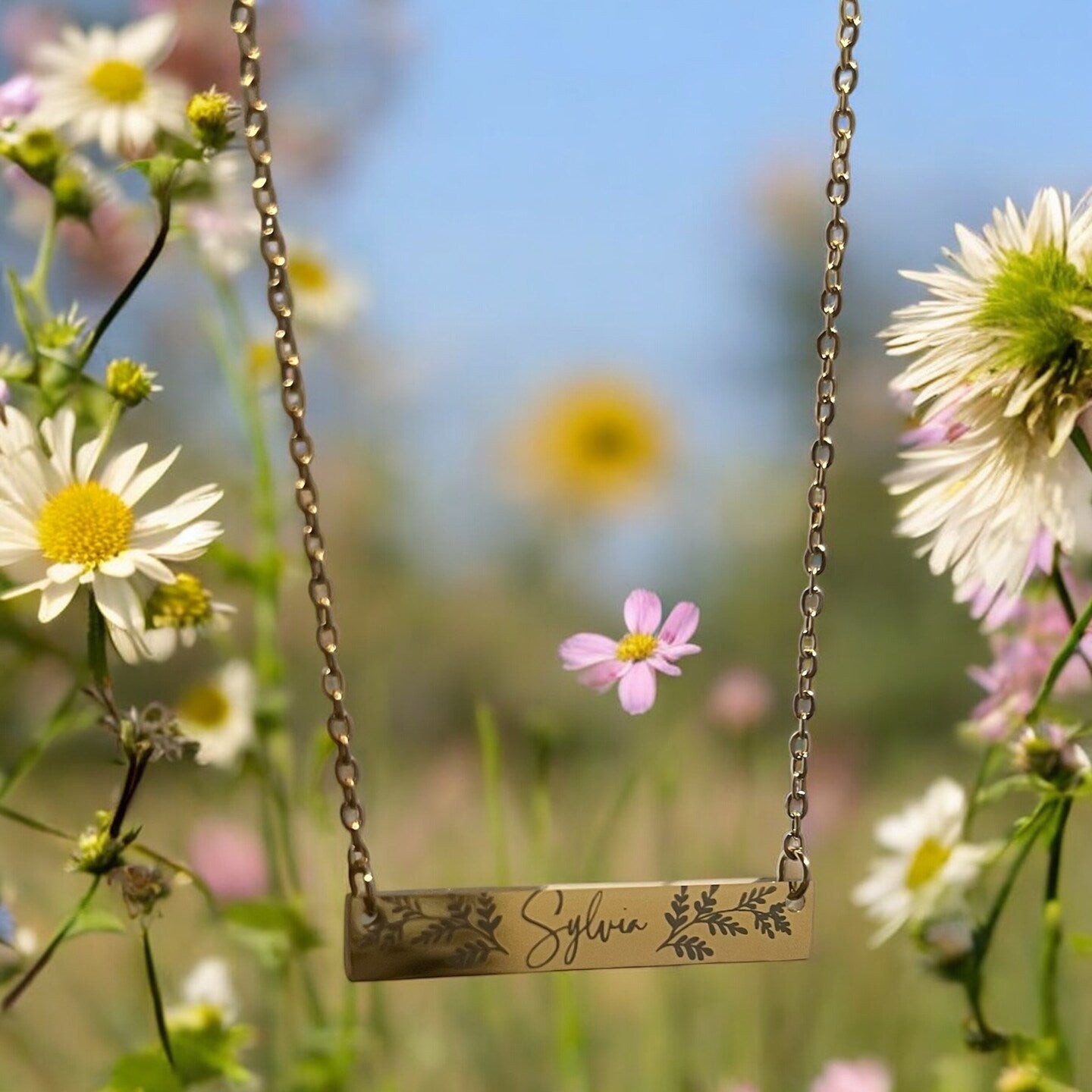 Botanical Name Bar Personalized Necklace Leaves Rectangle Gold Silver Stainless Metal
