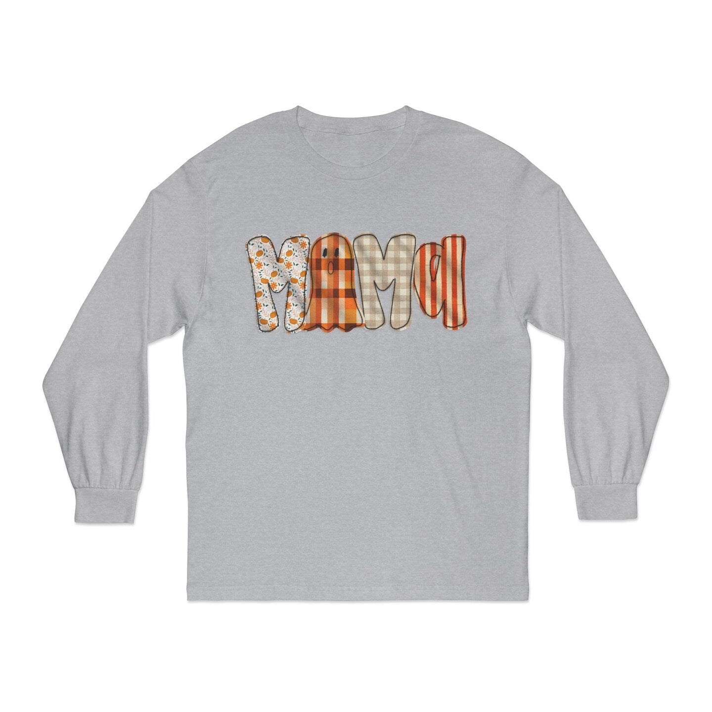 Halloween Fall Mama Gingham Plaid Long Sleeve T-Shirt Ghost Faux Embroidered Orange Brown Shirt