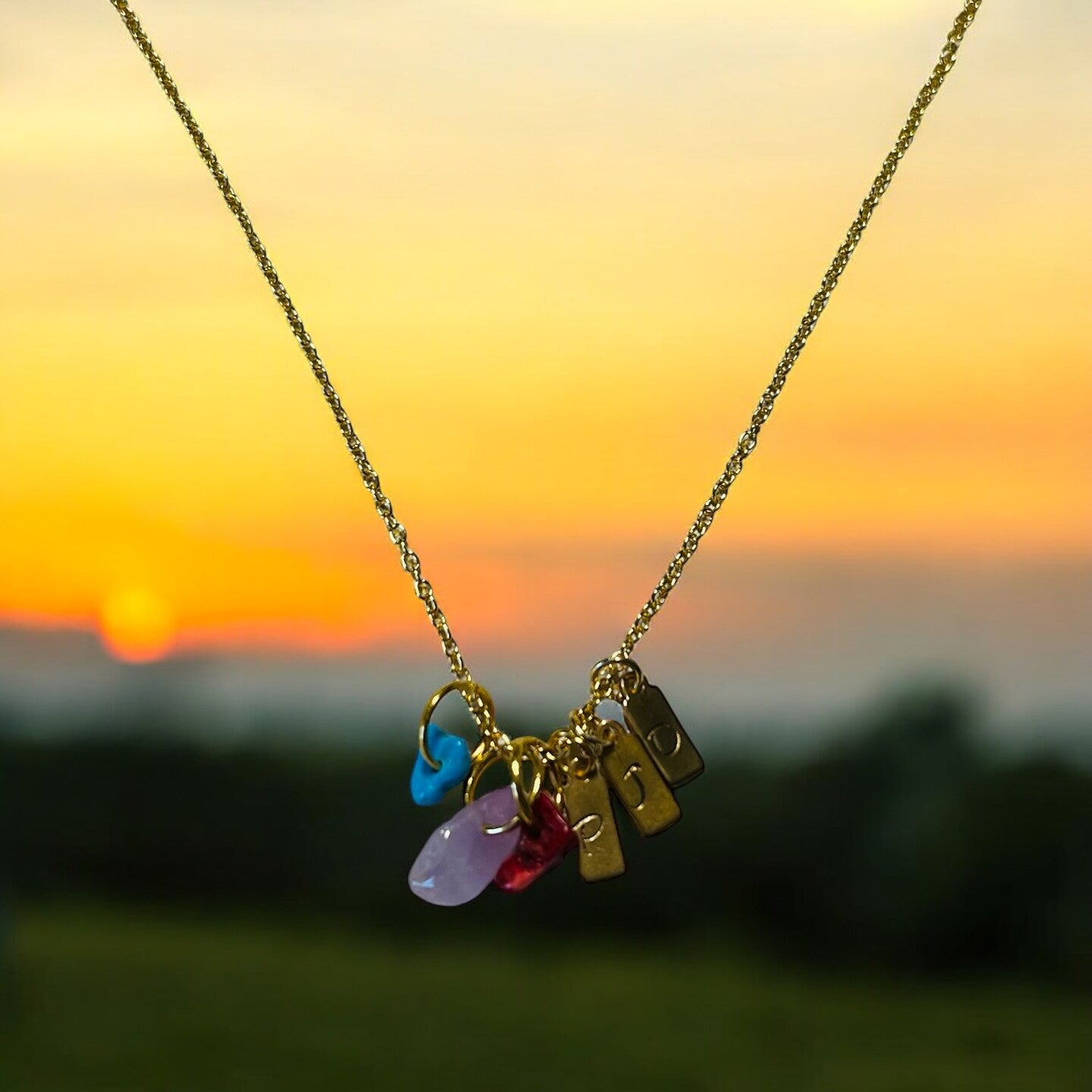 Initial Letter Tiny Charm Necklace Natural Stone Small Handmade Personalized Etched Stamped Mom Sister Silver Gold Stainless