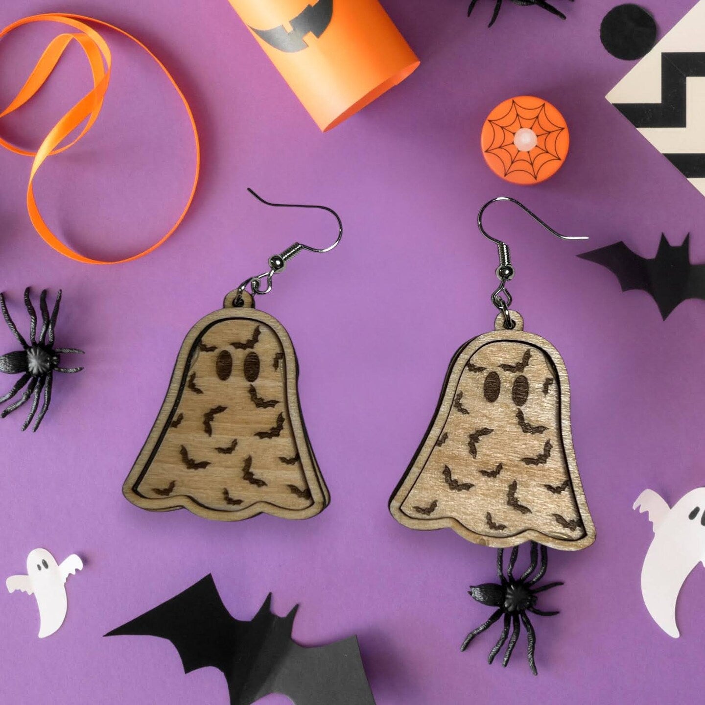 Ghost Earrings Wood Dangle Spider Web Bats Halloween Fall Autumn Silver Gold Set