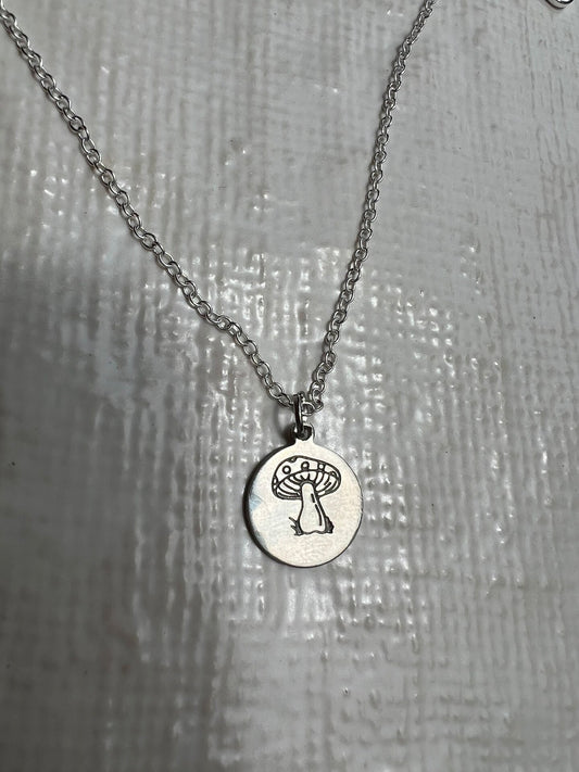 Mushroom Necklace Pendant Handstamped Engraved Circle Coin SIlver Gold Metal Handmade Fungi