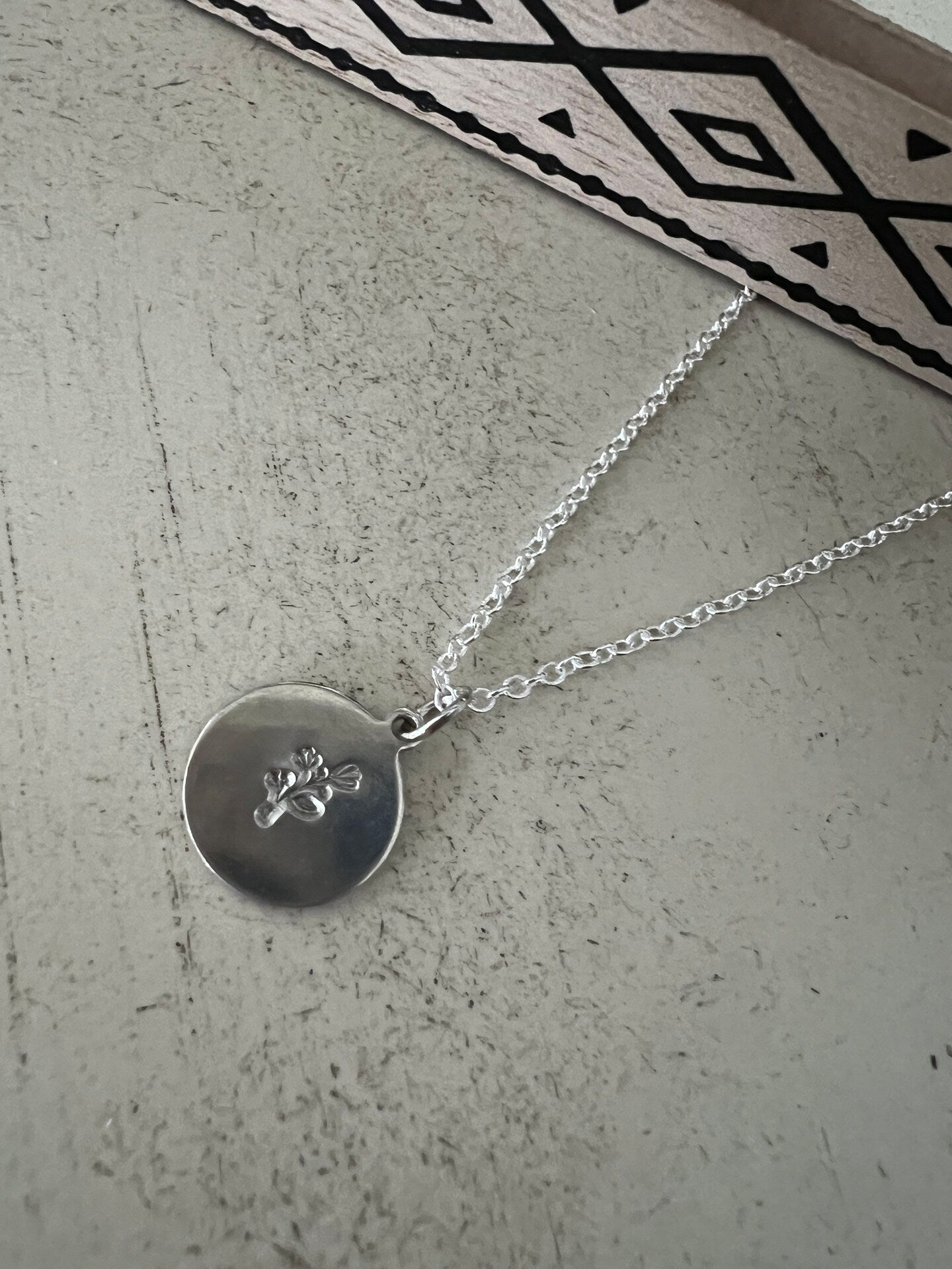 Wildflower Tulip Floral Flower Leaf Necklace Circle Coin Disc Engraved Etched Silver Gold Pendant Metal Handmade Personalized Stamped Custom