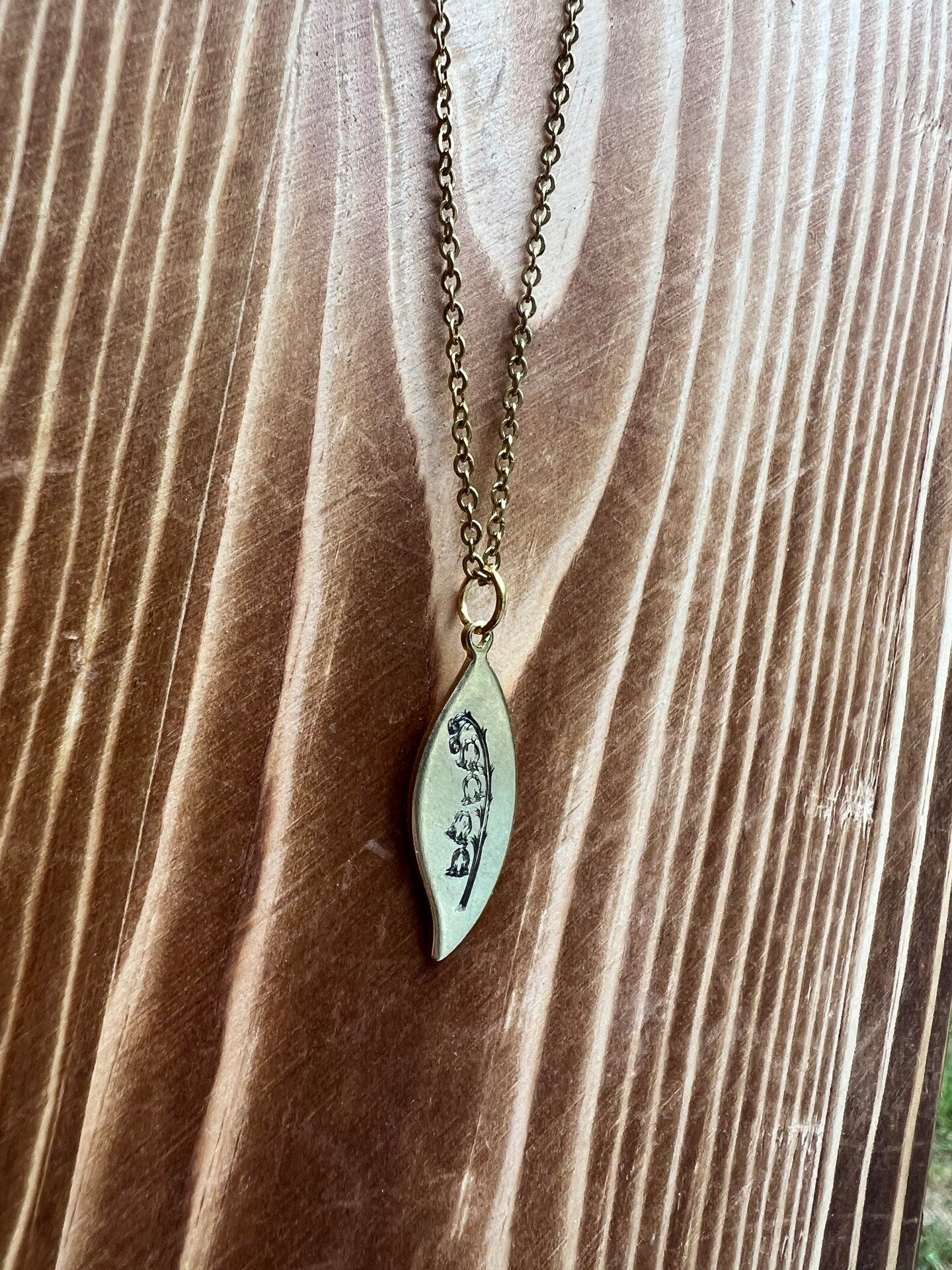 Handmade Lily of the Valley Spring Flower Necklace Pendant Leaf Shaped Plate Metal Silver Gold