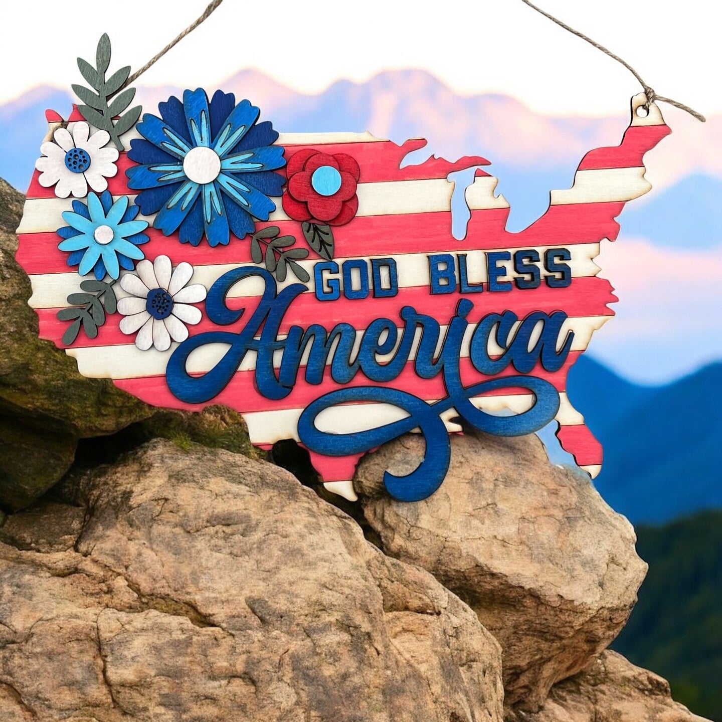 God Bless America Wood Door Sign Wall Sign Home Decor 4th of July Patriotic Memorial Day American Flag Floral Red White Blue