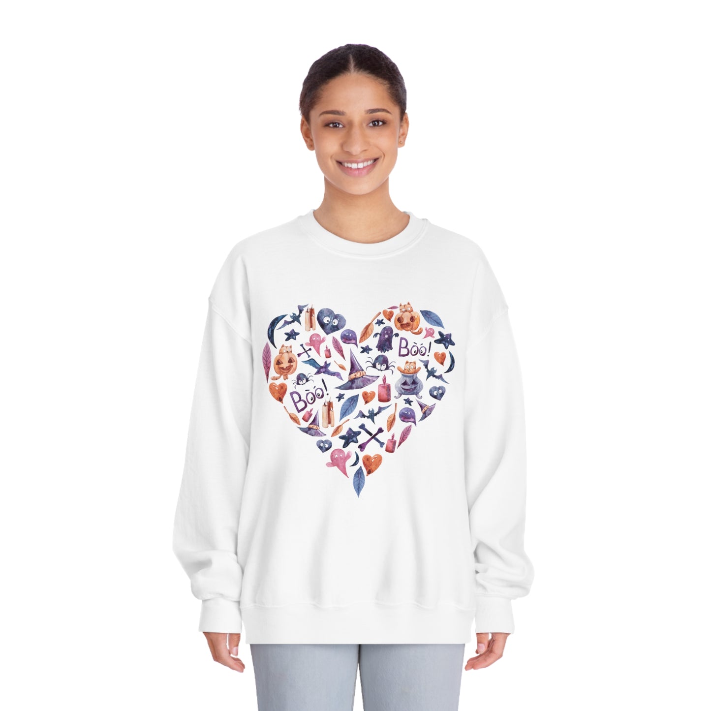 Halloween Fall Autumn Witch Leaves Pumpkin Heart Ghost Boo Watercolor Comfort Crew Neck T-Shirt