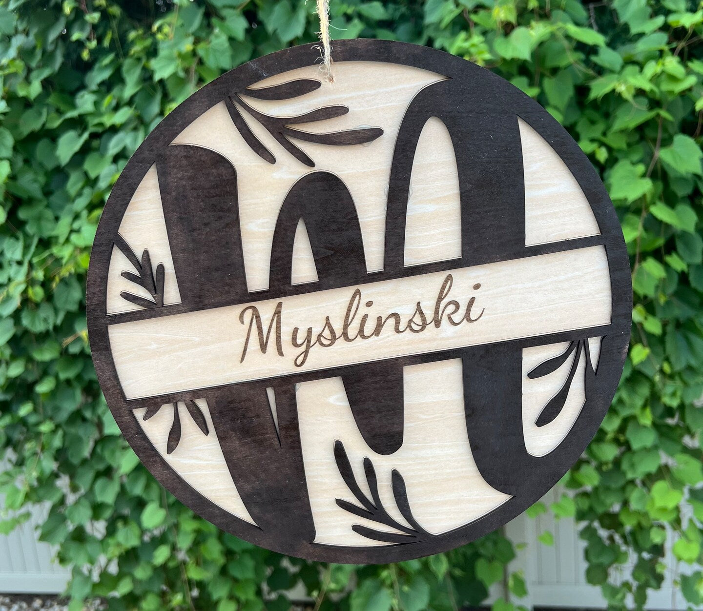 Name Letter Wood Door Sign Wall Sign Botanical Leaves Boho Farmhouse Personalized Custom Family Name Housewarming Sign