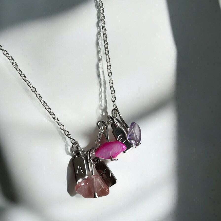 Initial Letter Tiny Charm Necklace Natural Stone Small Handmade Personalized Etched Stamped Mom Sister Silver Gold Stainless