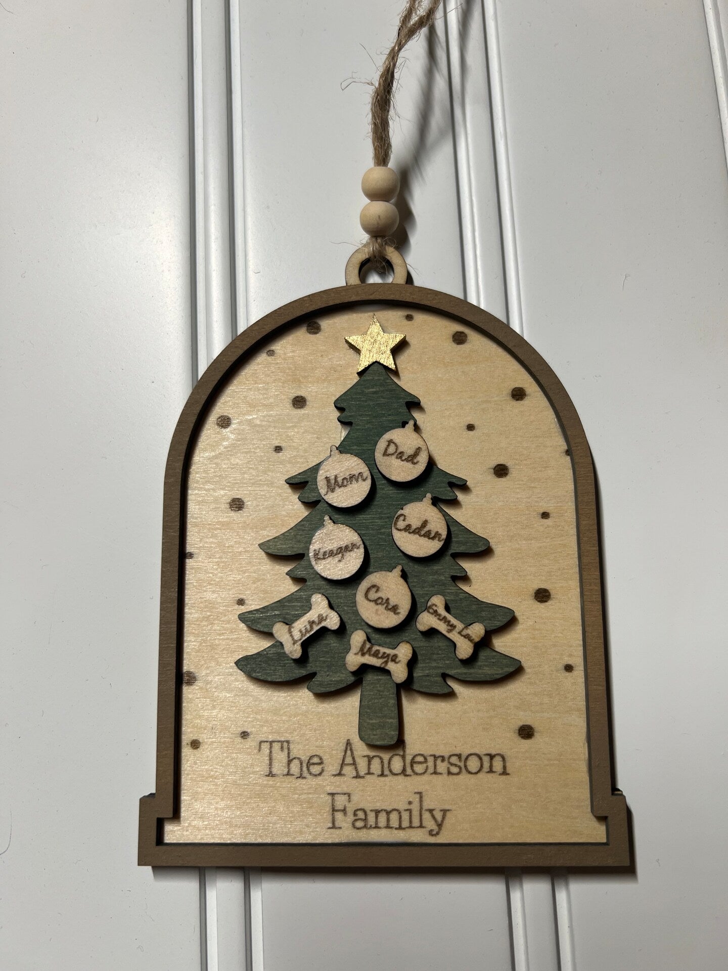 Family Christmas Tree Ornament Holiday Wood Personalized Family Names Cats Dogs Pets Farmhouse Rustic Boho