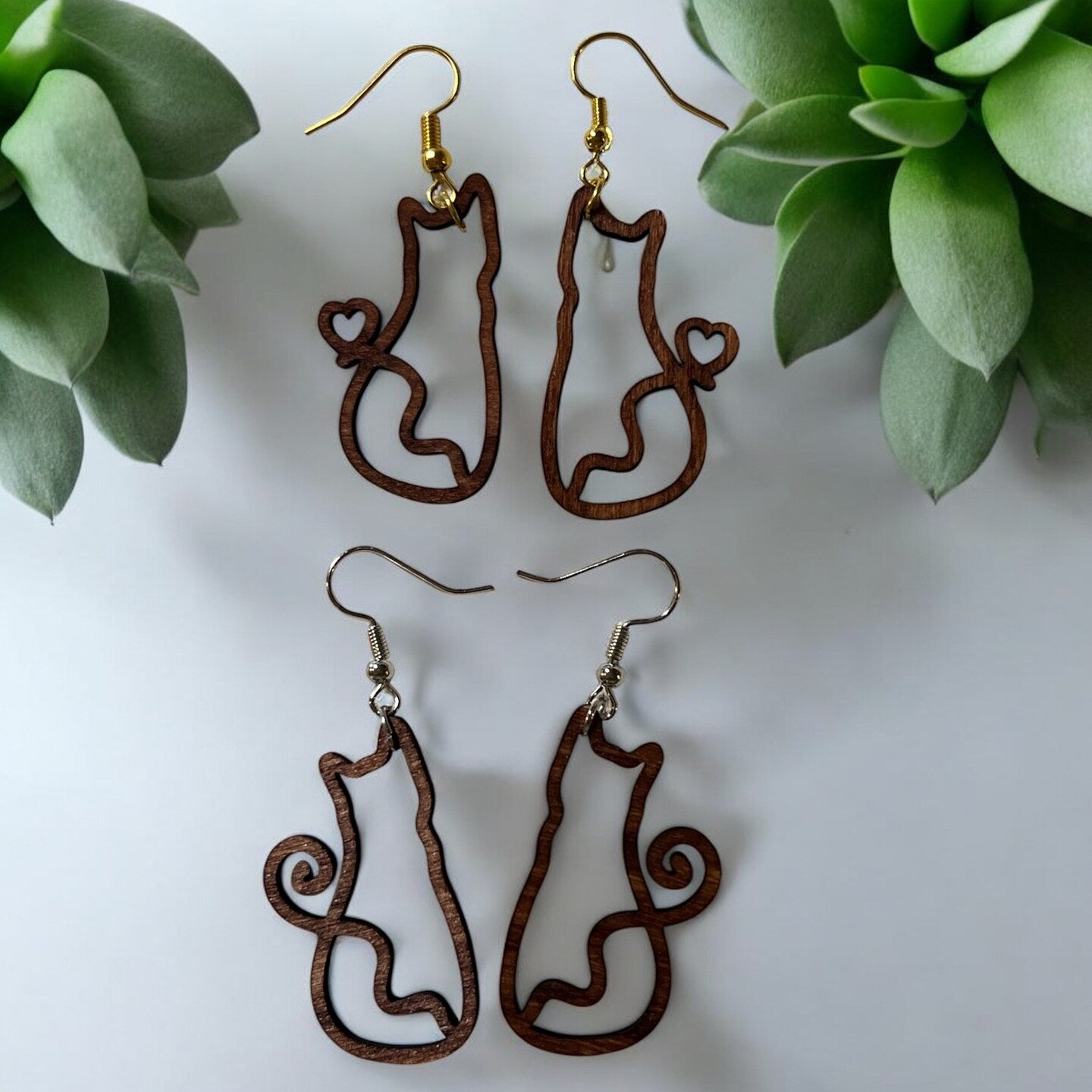 Wood Cat Earrings Kitty Kitten Dangle Whimsical Swirl Tail Heart Tail Line Drawing Cat Lover