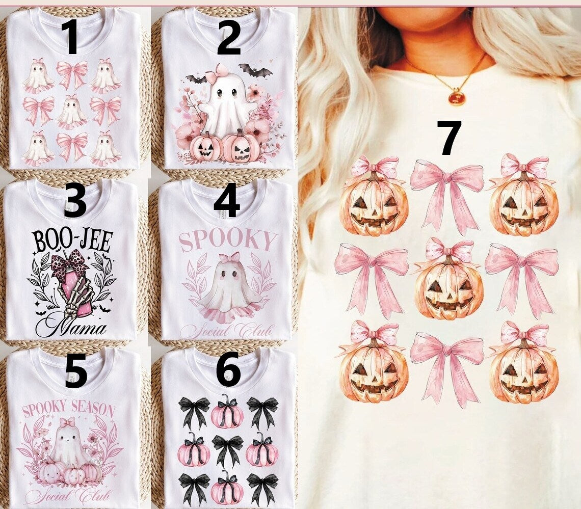 Pumpkin Ghost Ribbon Bows T-Shirt Sweatshirt Halloween Fall Autumn Pink Girly Watercolor Coquette Bow