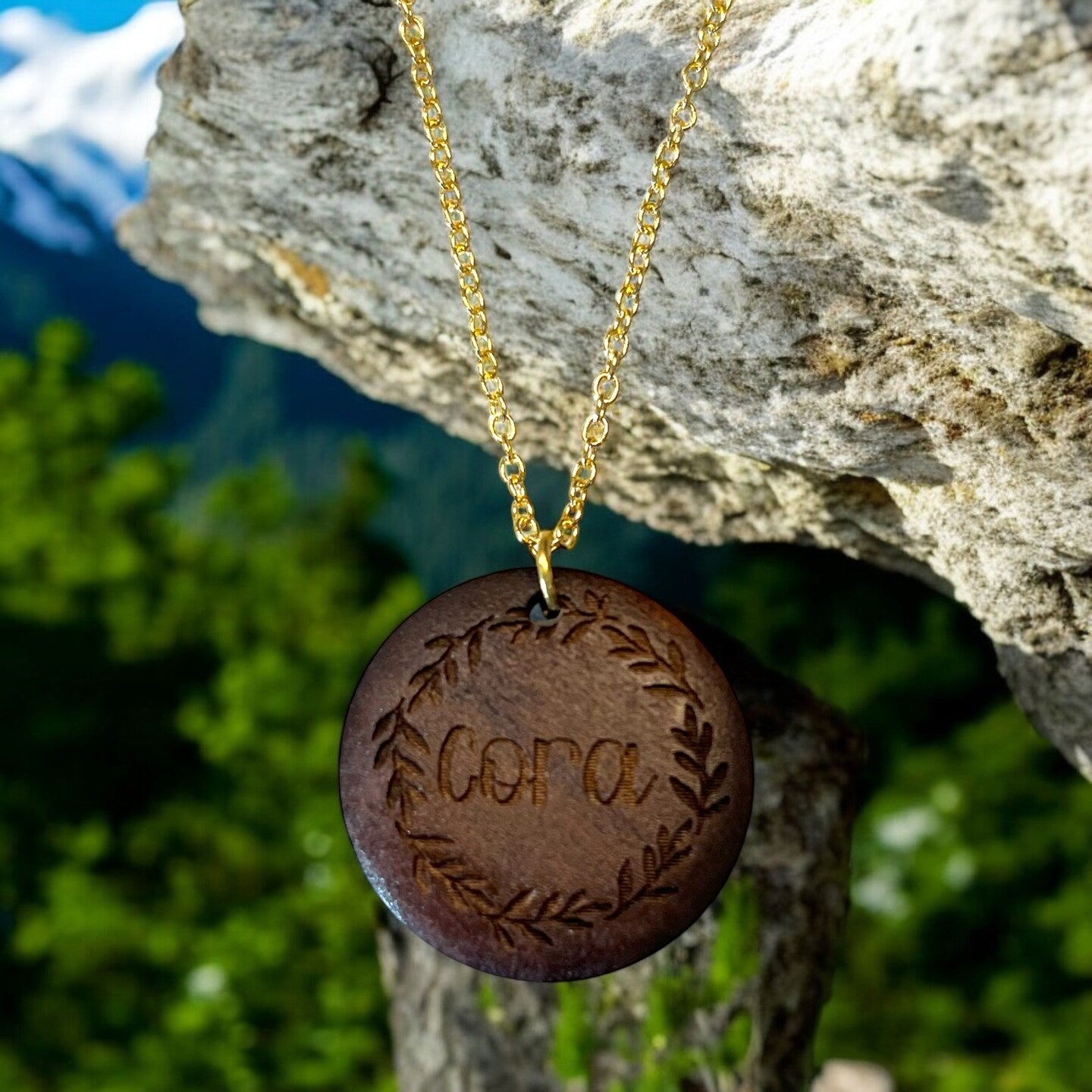 Engraved Wood Walnut Name Pendant Necklace Wreath Personalized Floral Flower Circle Disc Pendant Gold Silver