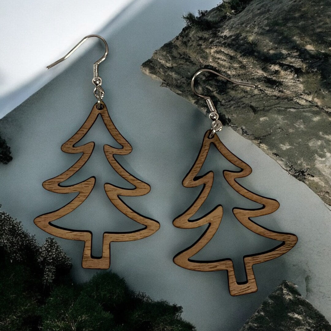 Christmas Earrings Wood Dangle Christmas Tree Stocking Mitten Candy Cane Gingerbread Man Snowflake Rustic Boho