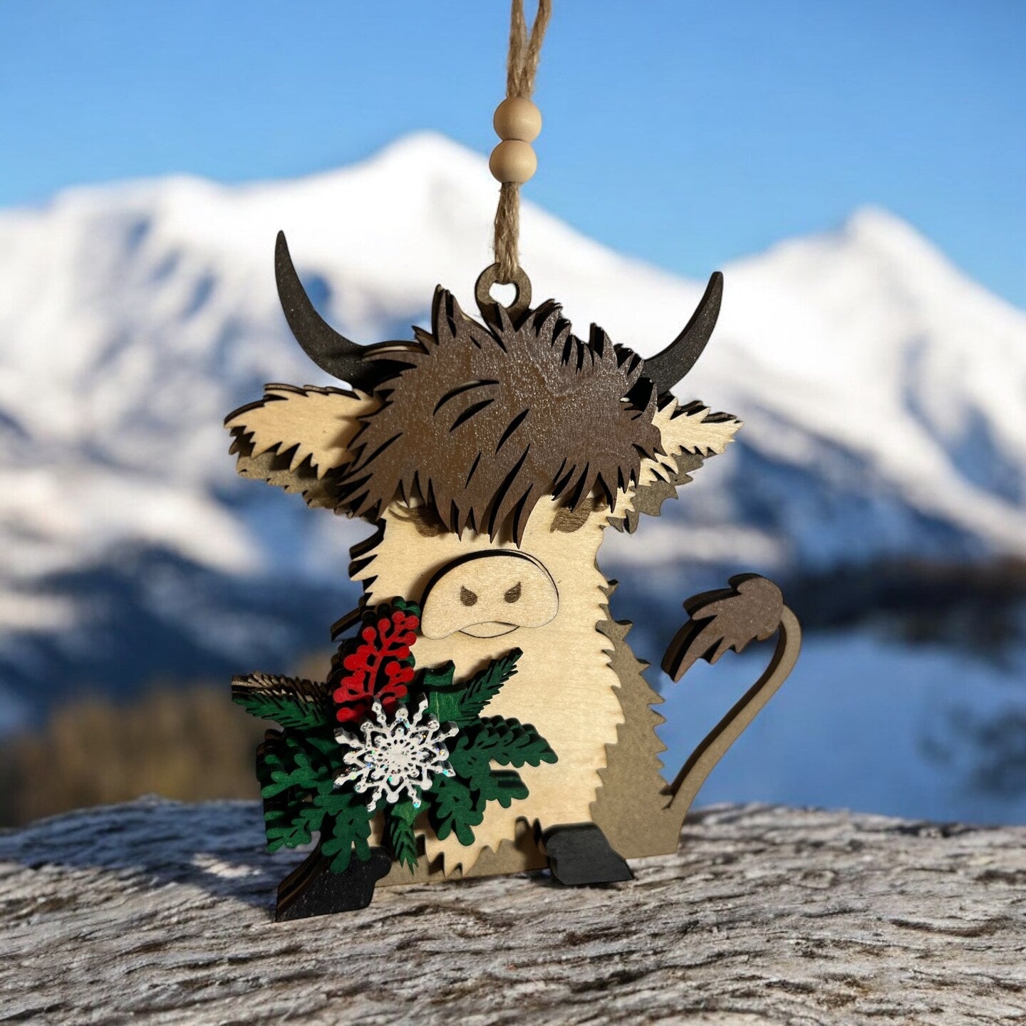 Highland Cow Brown Cow Wood Christmas Ornament Holiday Decor Mistletoe Boho Rustic Farmhouse