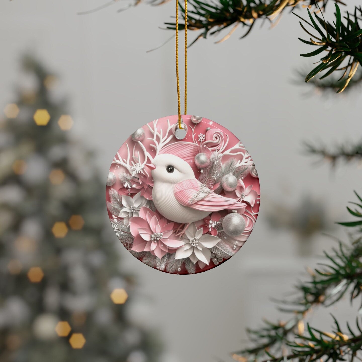 Ceramic Christmas Circle Ornaments 3D Effect Cute Pink Pastel Round Personalized Holiday Santa Snowman Tree Angel Reindeer Village