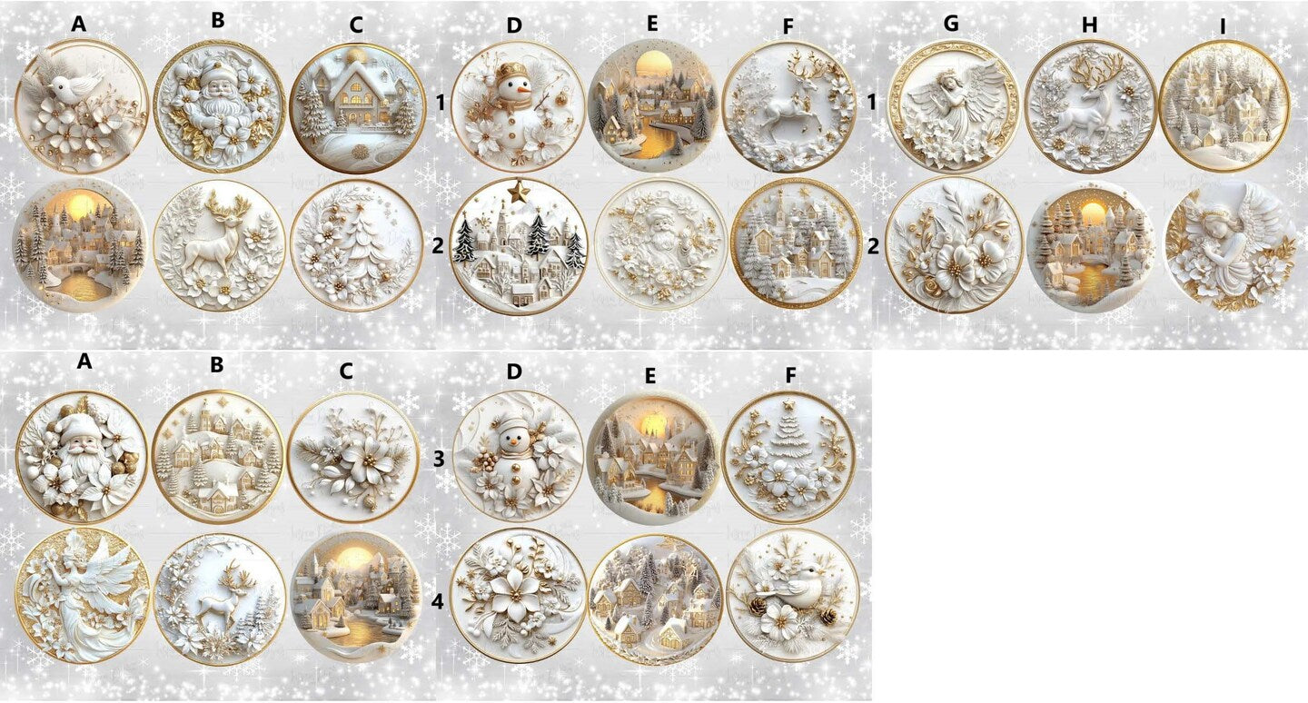 Ceramic Christmas Circle Ornaments 3D Effect Gold White Round Personalized Holiday Santa Snowman Tree Angel Reindeer Village