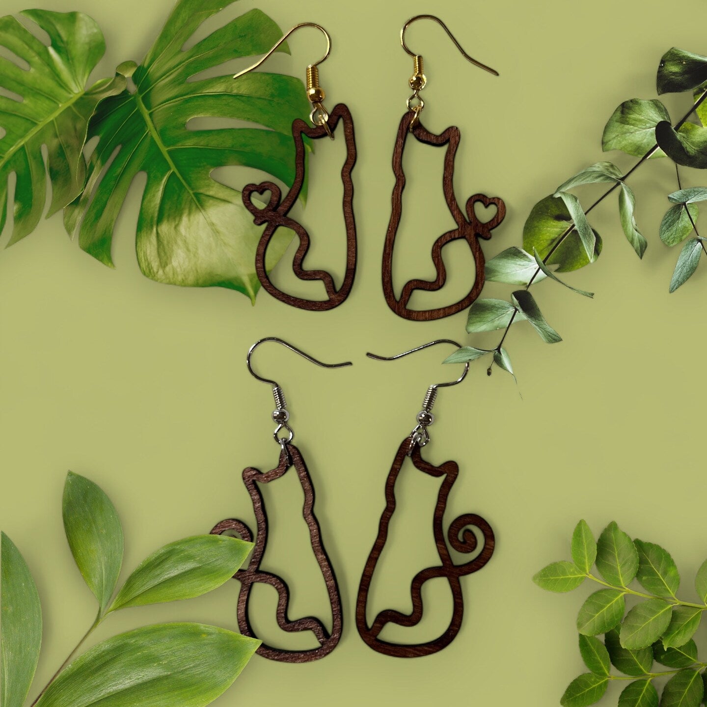 Wood Cat Earrings Kitty Kitten Dangle Whimsical Swirl Tail Heart Tail Line Drawing Cat Lover