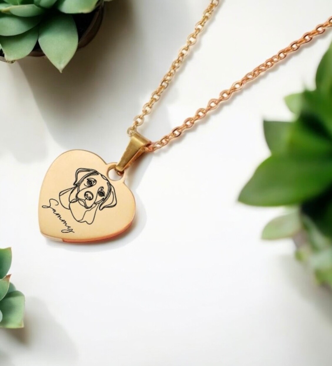 Dog Face Line Art Name Necklace Drawing Personalized Custom Heart Puppy Dog Mom Dog Mama Dog Charm Gold Silver Metal
