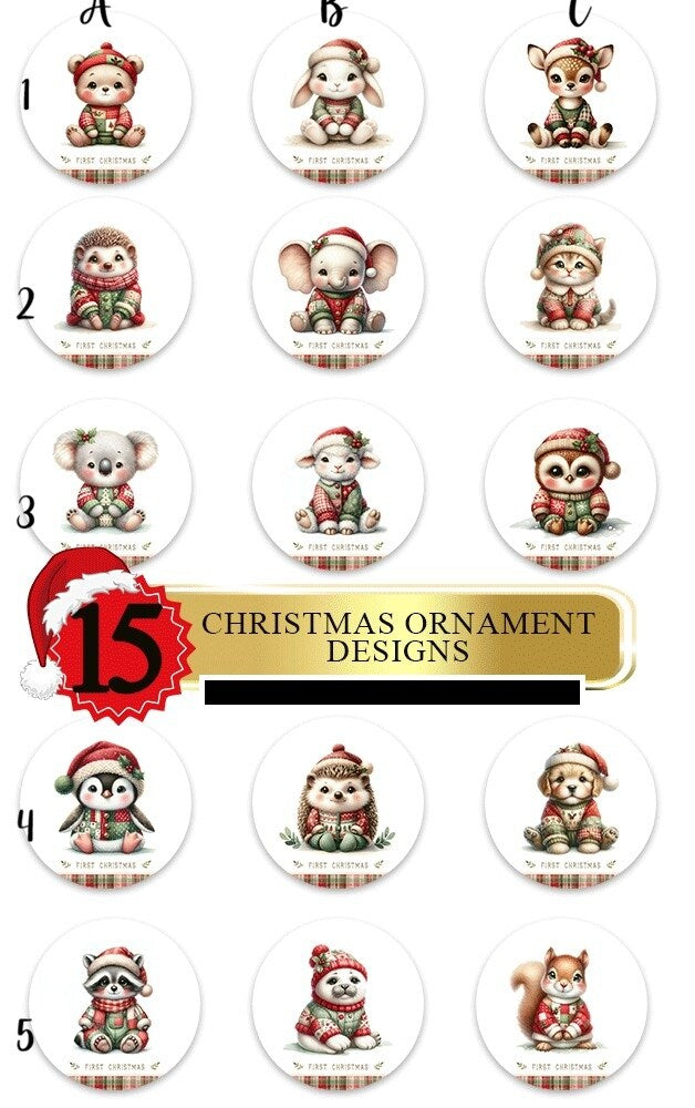 Baby's First Christmas Ornament Ceramic Animals Personalized Holiday Dog Cat Elephant Sheep Woodland Animals