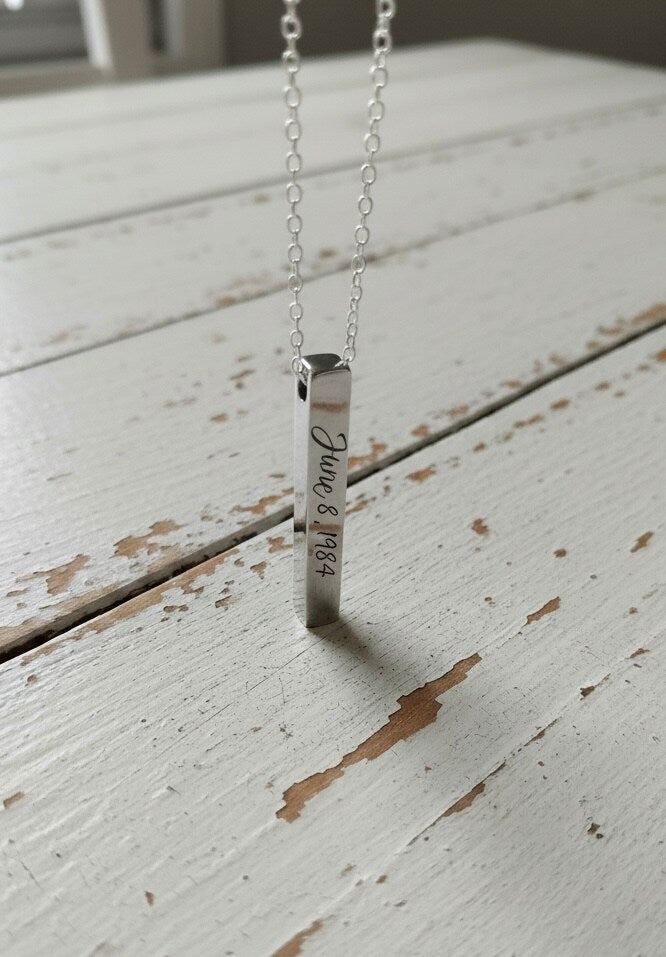 Personalized Couples Anniversary Wedding Stainless Column Necklace Pendant Silver Rectangle Engraved