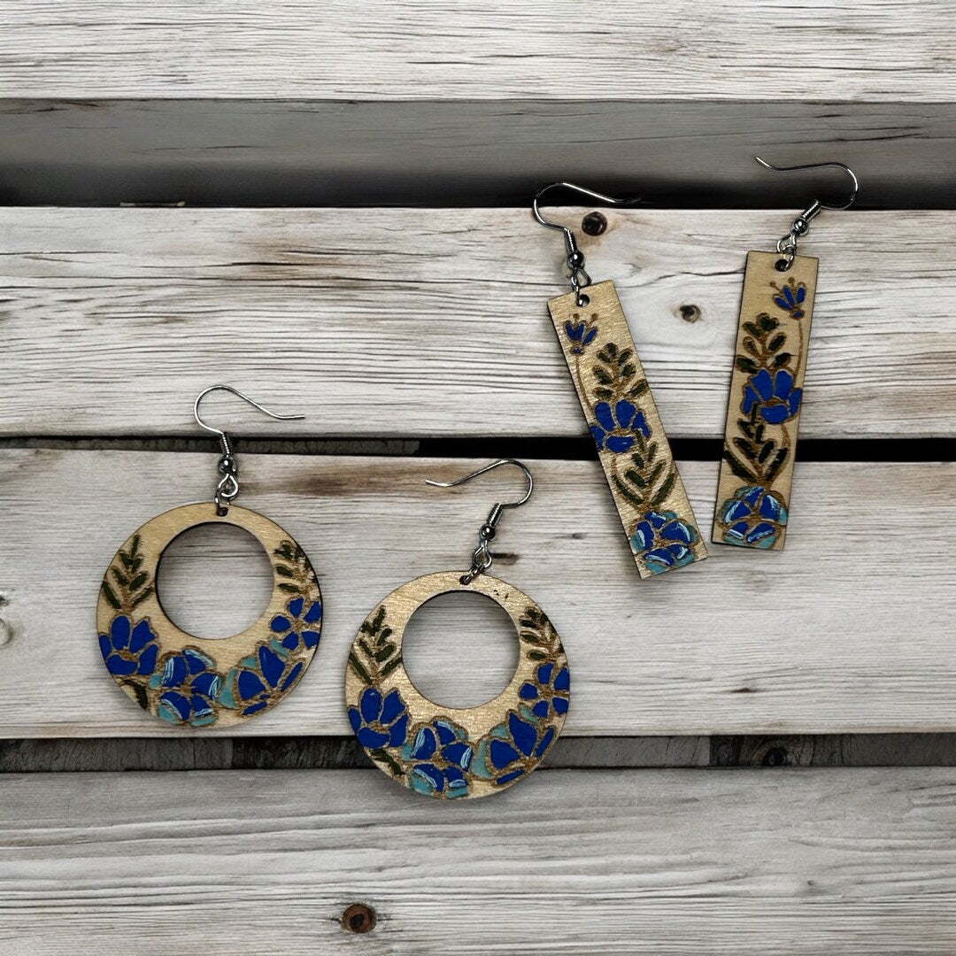 Hand Painted Floral Spring Wood Dangle Earrings Round Column Natural Boho Botanical Flower