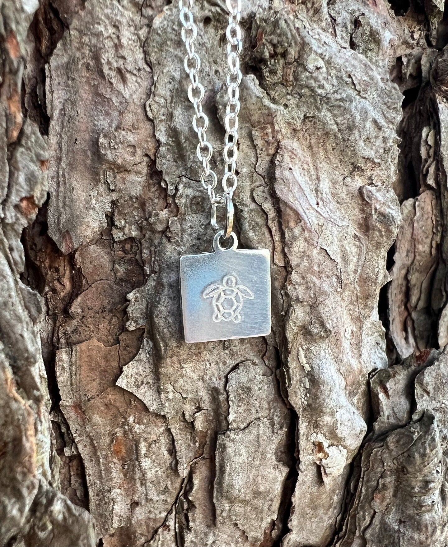 Sea Turtle Tortoise Necklace Pendant Square Tiny Minimalist Metal Gold Silver Boho Metal Stamped Engraved