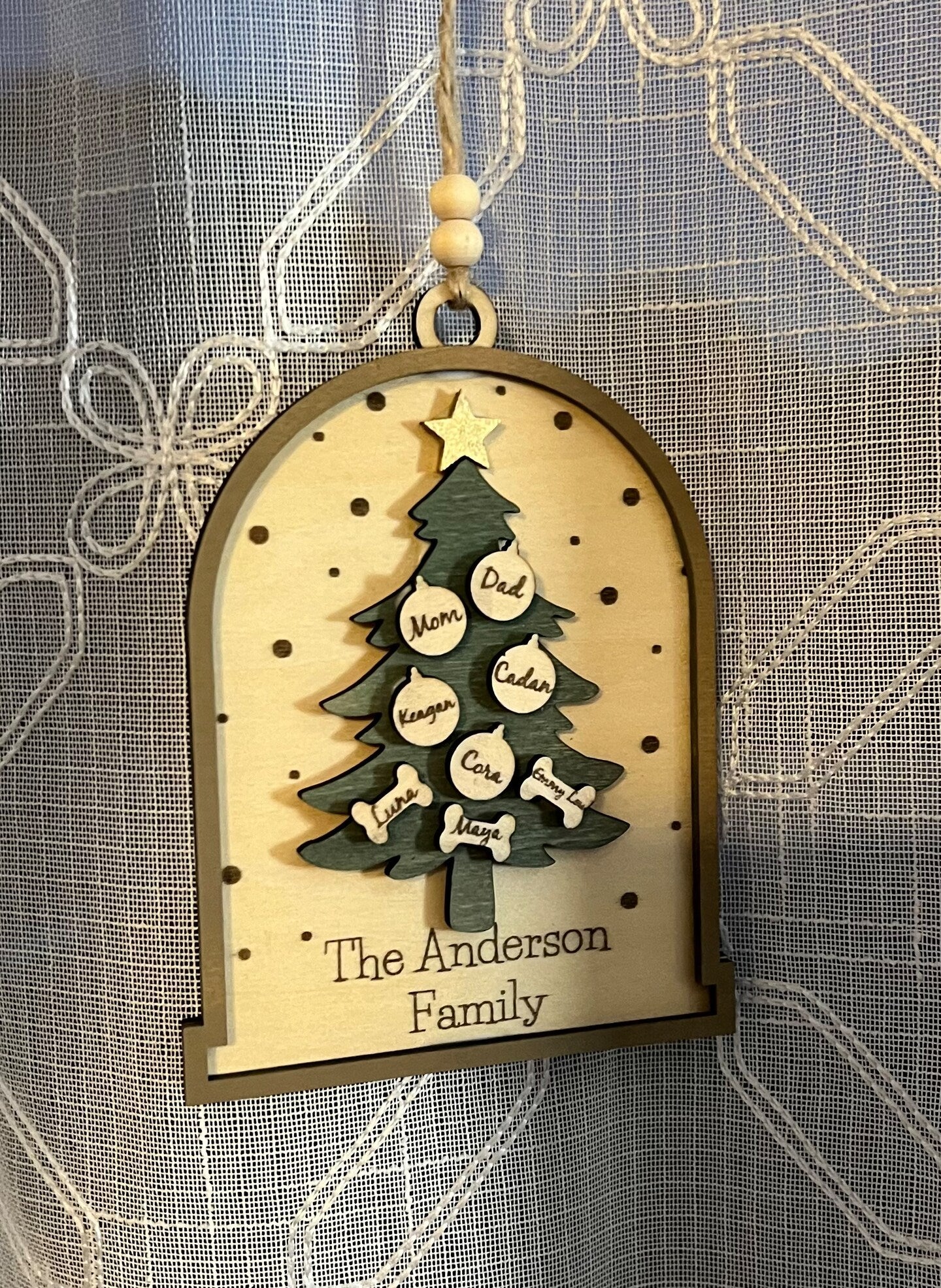Family Christmas Tree Ornament Holiday Wood Personalized Family Names Cats Dogs Pets Farmhouse Rustic Boho