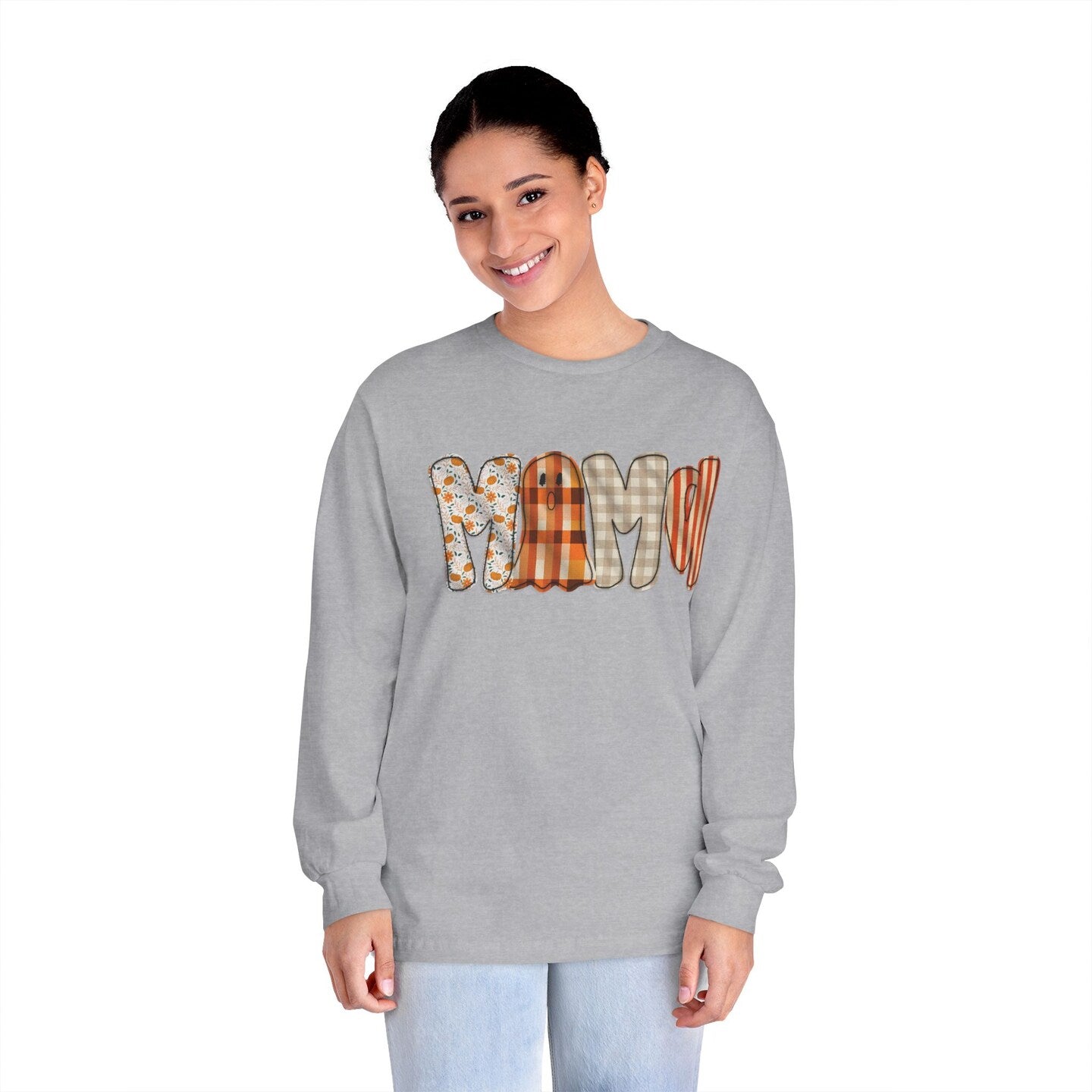Halloween Fall Mama Gingham Plaid Long Sleeve T-Shirt Ghost Faux Embroidered Orange Brown Shirt