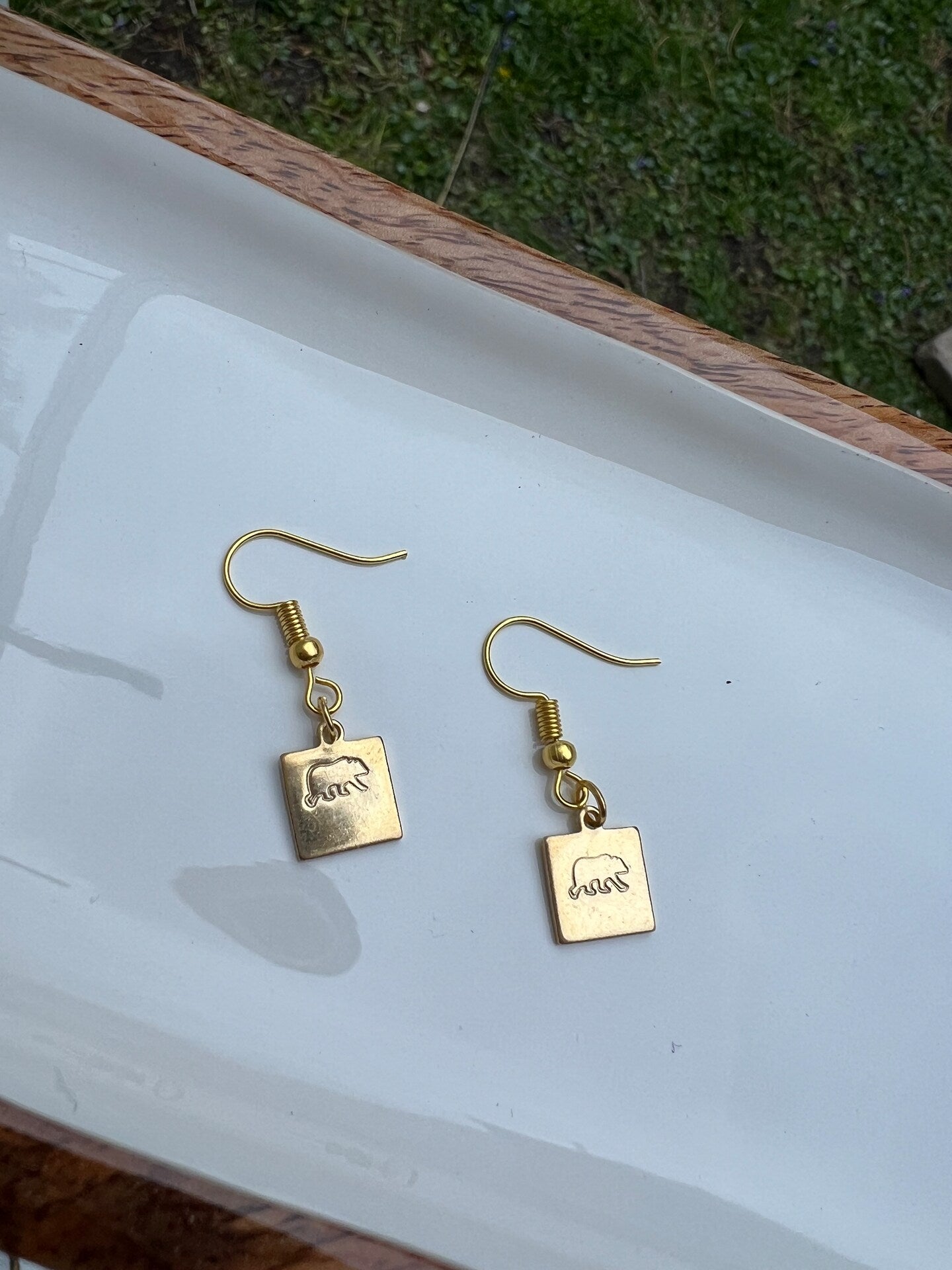 Grizzly Brown Mama Bear Earrings Small Dainty Simple Square Dangle Drop Simple Gold Silver Stamp Etched Handmade Engraved