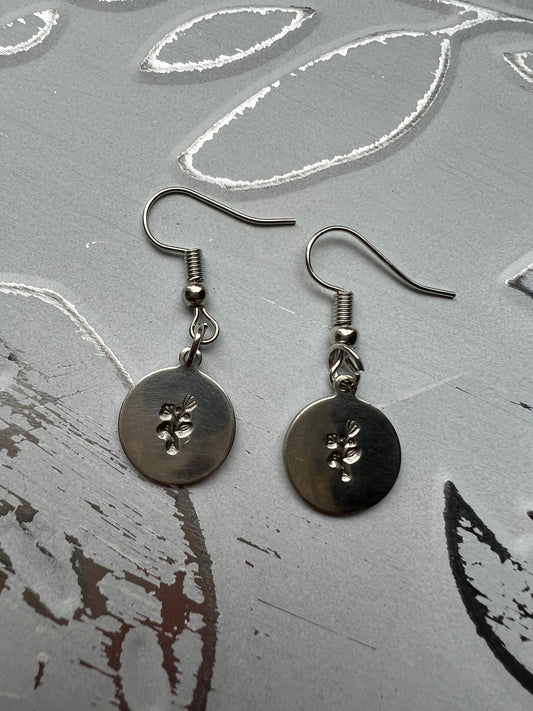 Flower Plant Tulip Rose Earring Coin Circle Disc Dangle Drop Simple Gold Silver Stamp Etched Engraved