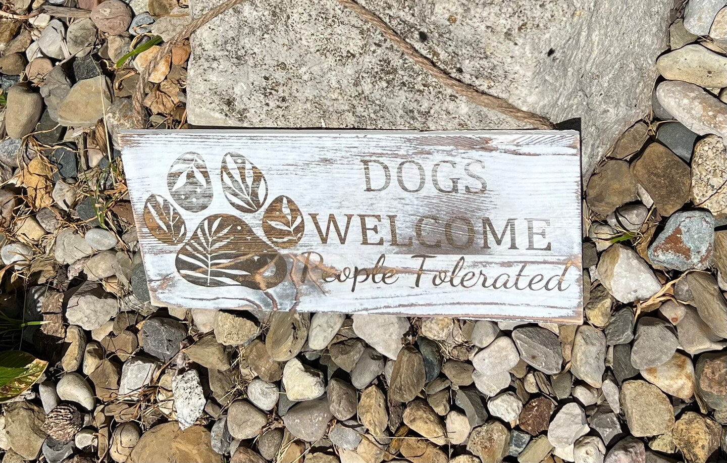 Dogs Welcome People Tolerated Rustic Wood White Brown Slate Hanging Sign Plaque Boho Farmhouse Puppy Decor Dog Decor