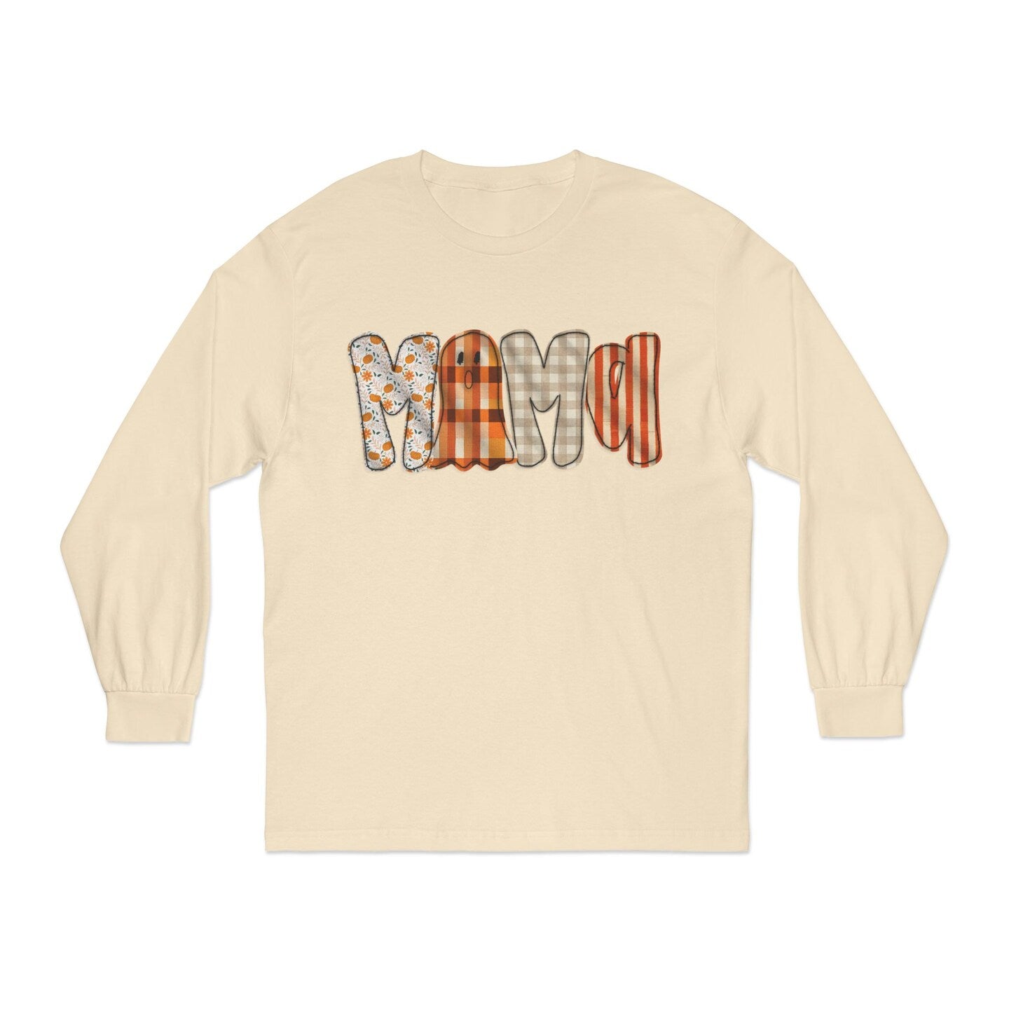 Halloween Fall Mama Gingham Plaid Long Sleeve T-Shirt Ghost Faux Embroidered Orange Brown Shirt