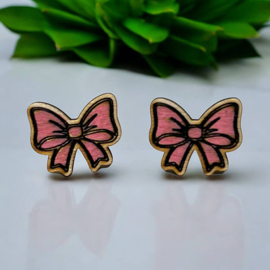 Hand Painted Wood Bow Stud Earrings Set Cheerleader Cheer Bow Coquette Bow Pink Blue Purple White