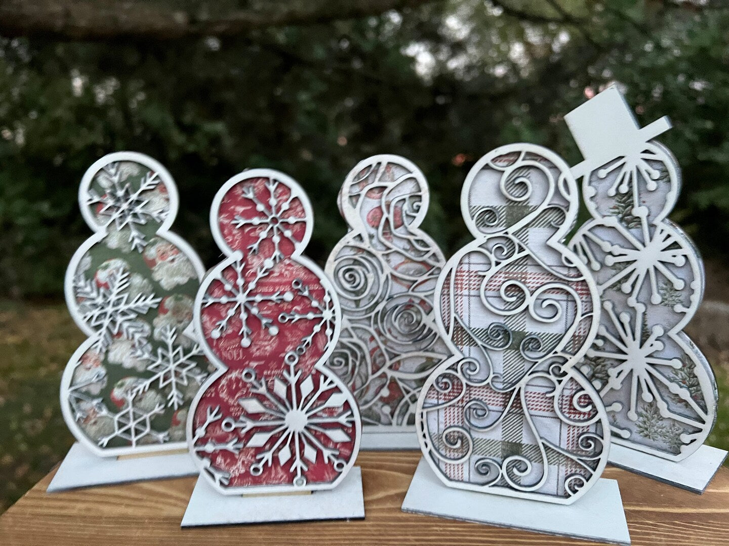 Wood Snowman Set Boho Floral Snowflake Handmade Custom Christmas Holiday Snow Winter Decor Handmade