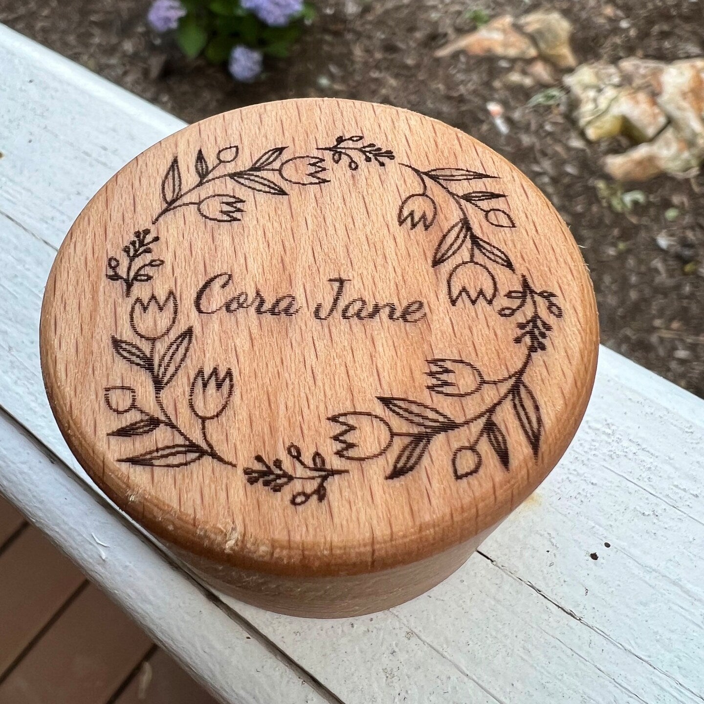 Personalized Jewelry Box Custom With Name Flowers Flower Round Circle Ring Box Pill Box Wood Wedding Favor