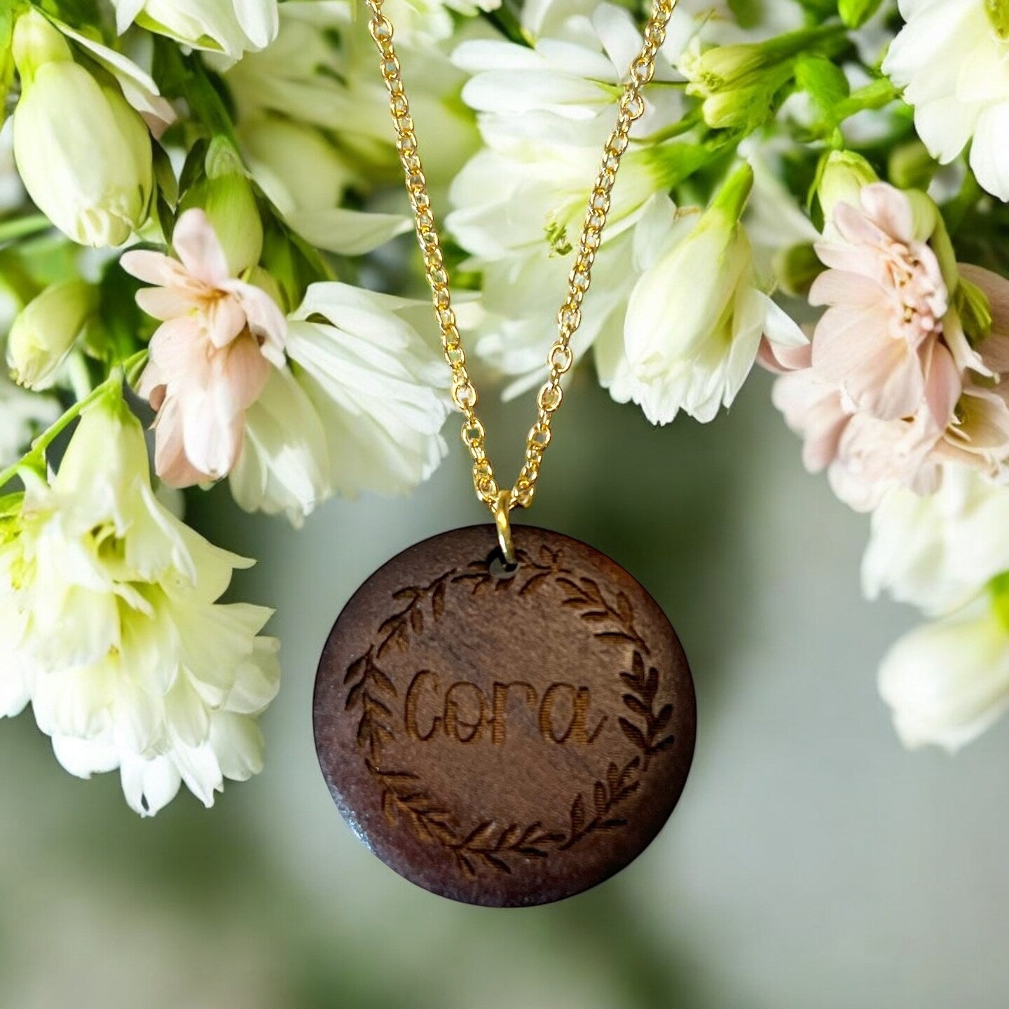 Engraved Wood Walnut Name Pendant Necklace Wreath Personalized Floral Flower Circle Disc Pendant Gold Silver