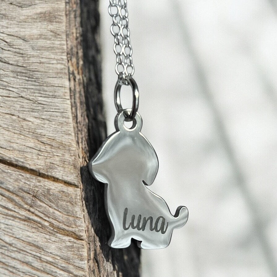 Personalized Dog Charm Pendant Necklace Puppy Dog Mama Mom Silver Gold Name Date Memorial Pet Mom