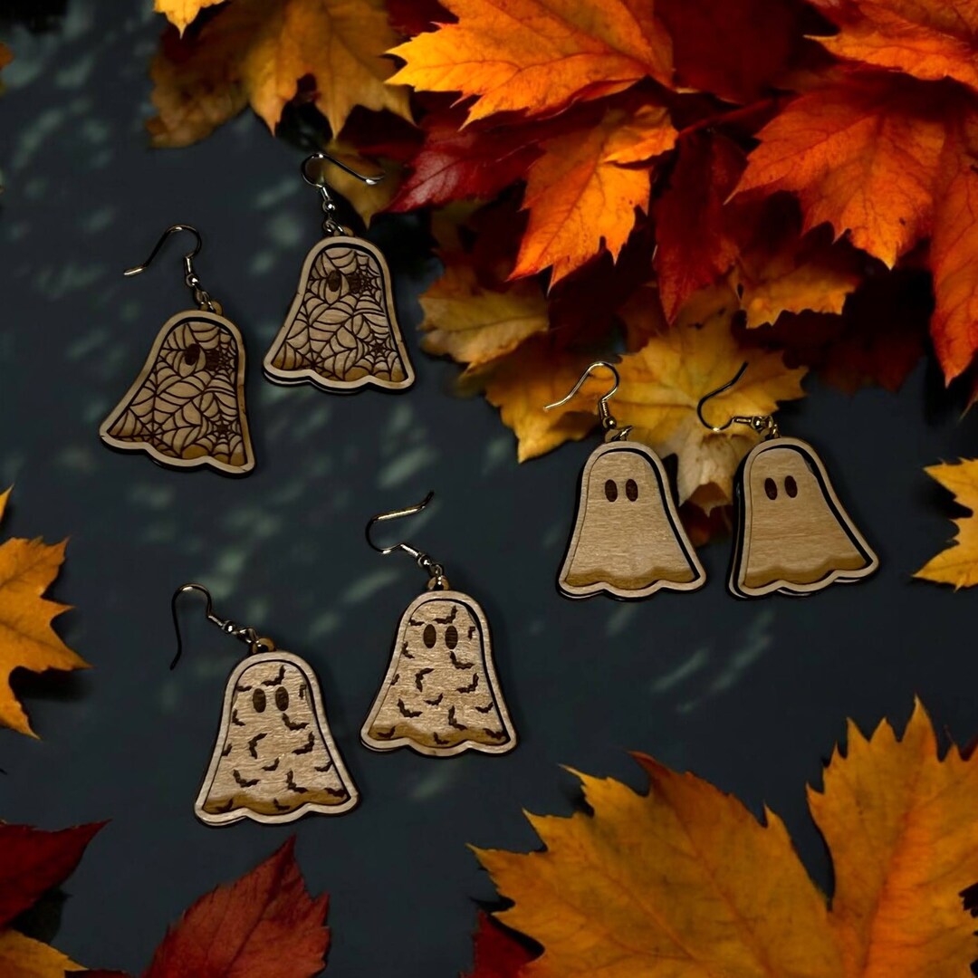 Ghost Earrings Wood Dangle Spider Web Bats Halloween Fall Autumn Silver Gold Set