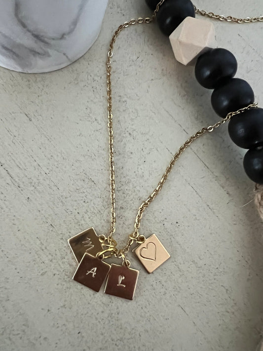 Initial Charm Square Heart Necklace Personalized Tiny Small Etched Stamped Handmade Minimalist Boho Mothers Necklace Couples Necklace