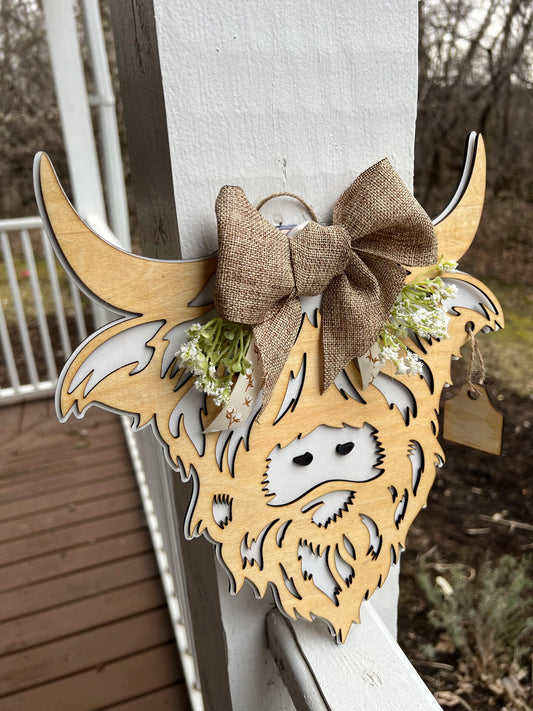 Highland Cow Mini Cow Furry Cow Wood Wall Sign Door Sign Rustic Farmhouse Boho Personalized Christmas Holiday