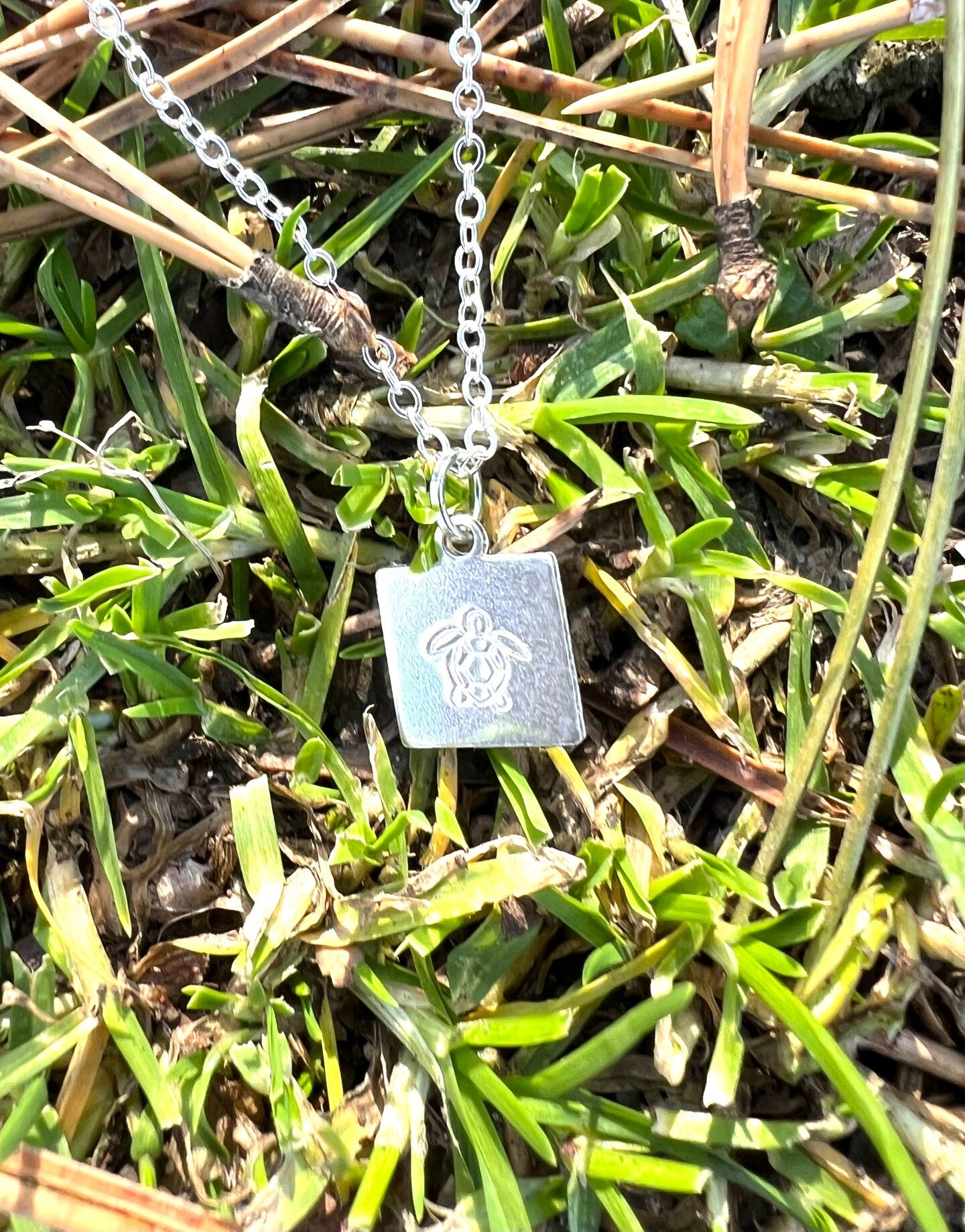 Sea Turtle Tortoise Necklace Pendant Square Tiny Minimalist Metal Gold Silver Boho Metal Stamped Engraved