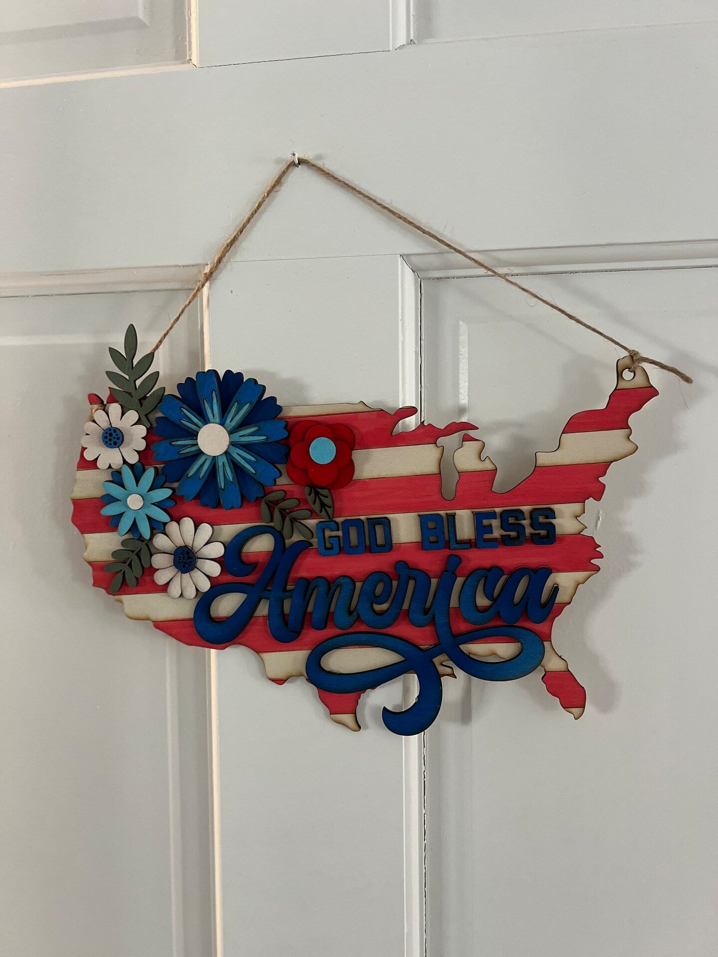 God Bless America Wood Door Sign Wall Sign Home Decor 4th of July Patriotic Memorial Day American Flag Floral Red White Blue