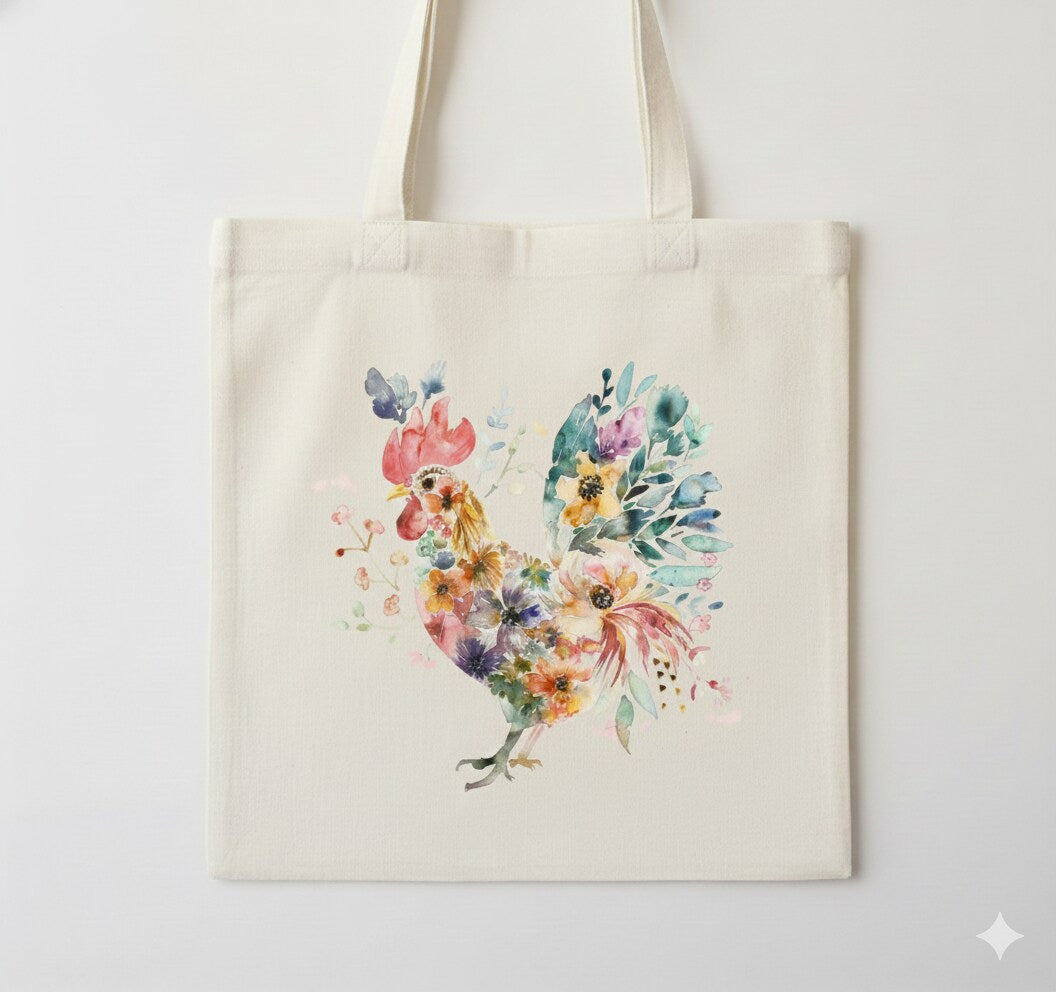 Chicken Tote Bag Hen Rooster Watercolor Flower Floral Spring Personalized Shopping Bag Farm Farmhouse