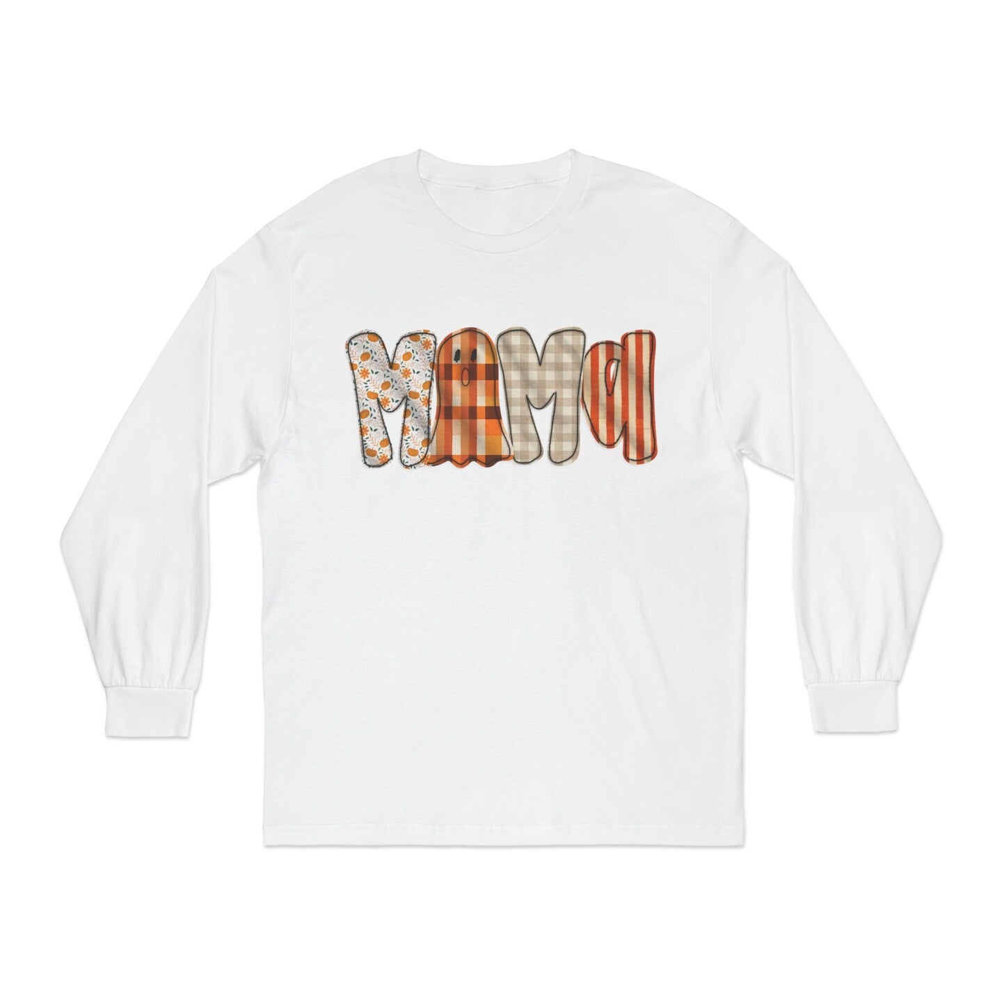 Halloween Fall Mama Gingham Plaid Long Sleeve T-Shirt Ghost Faux Embroidered Orange Brown Shirt